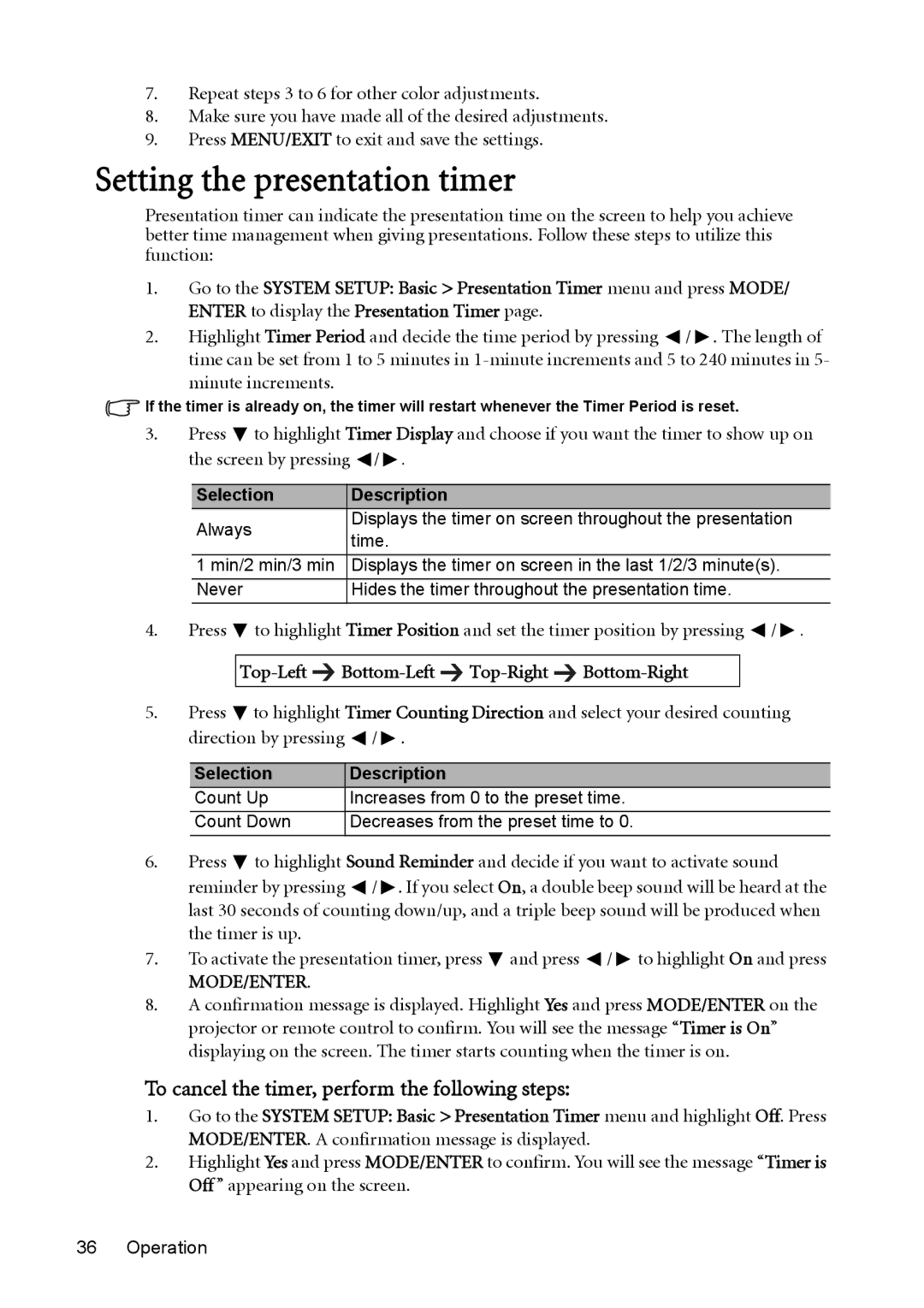 BenQ MW811ST Setting the presentation timer, To cancel the timer, perform the following steps, Selection Description 