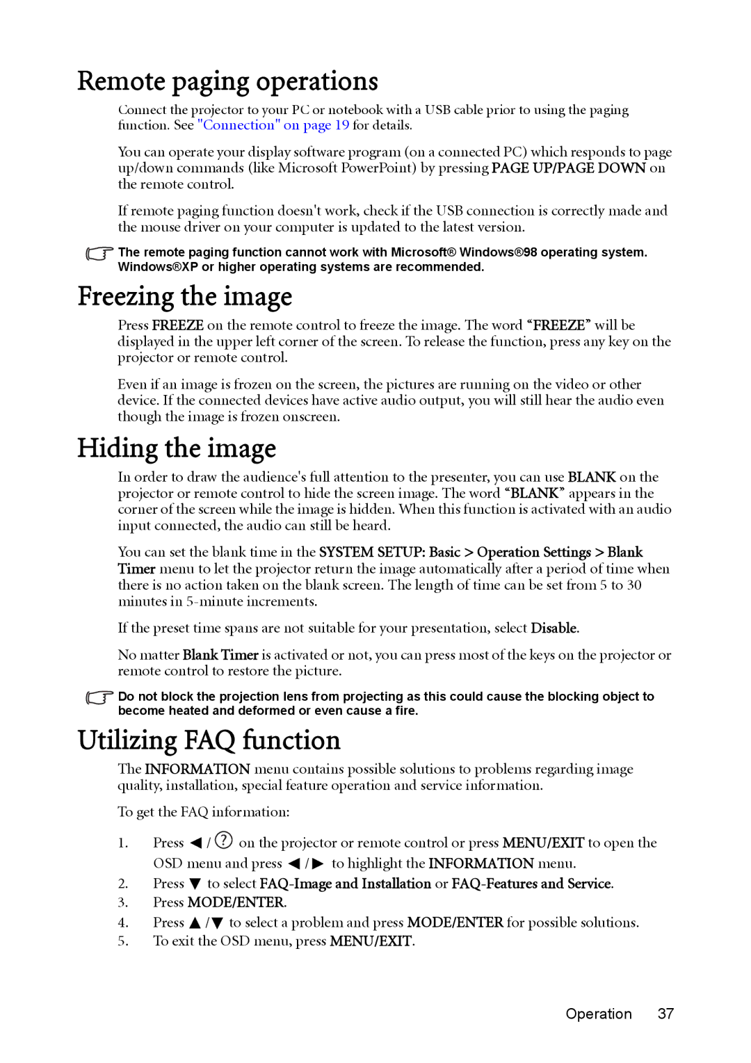 BenQ MX812ST, MW811ST user manual Remote paging operations, Freezing the image, Hiding the image, Utilizing FAQ function 