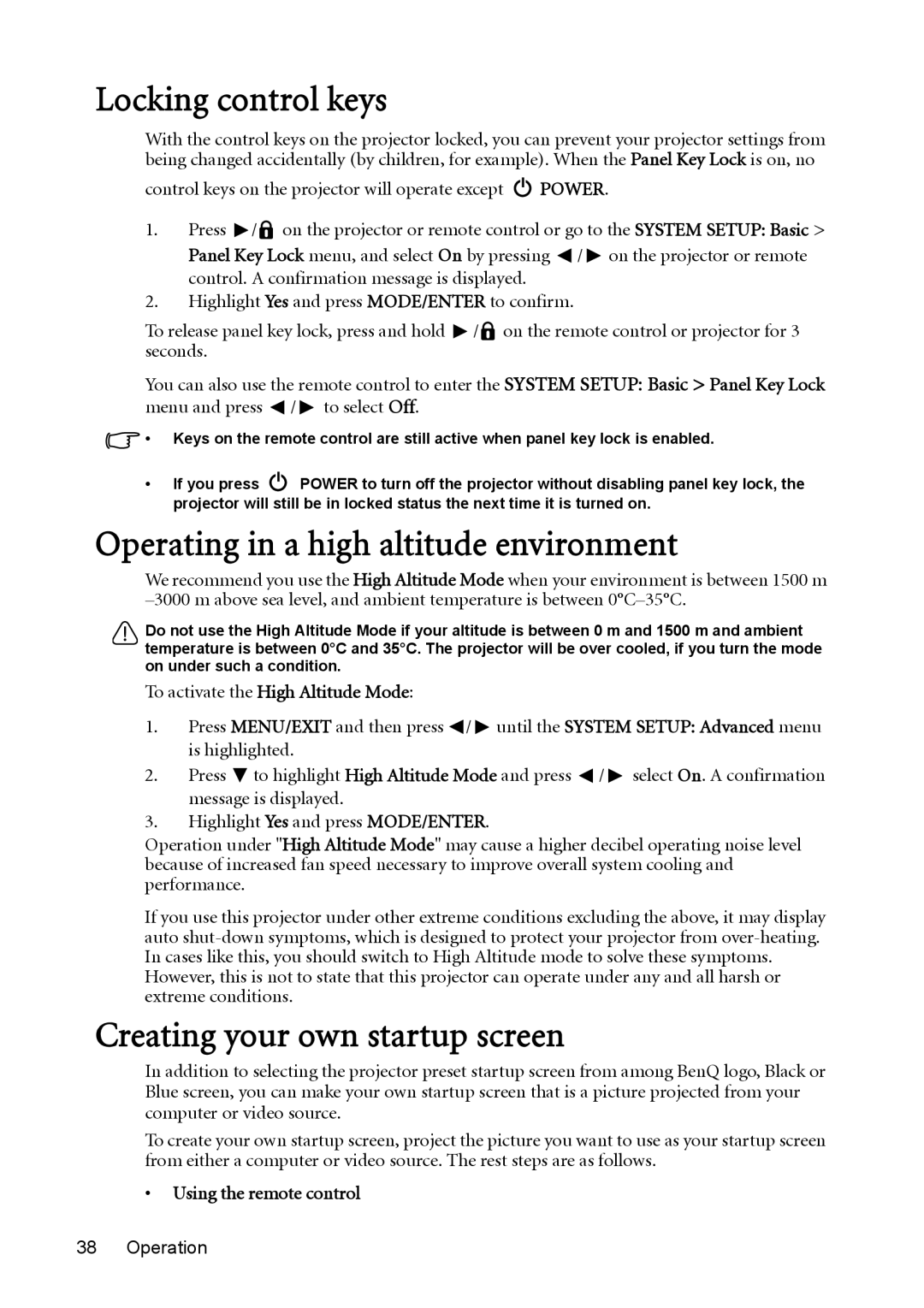 BenQ MW811ST, MX812ST Locking control keys, Operating in a high altitude environment, Creating your own startup screen 