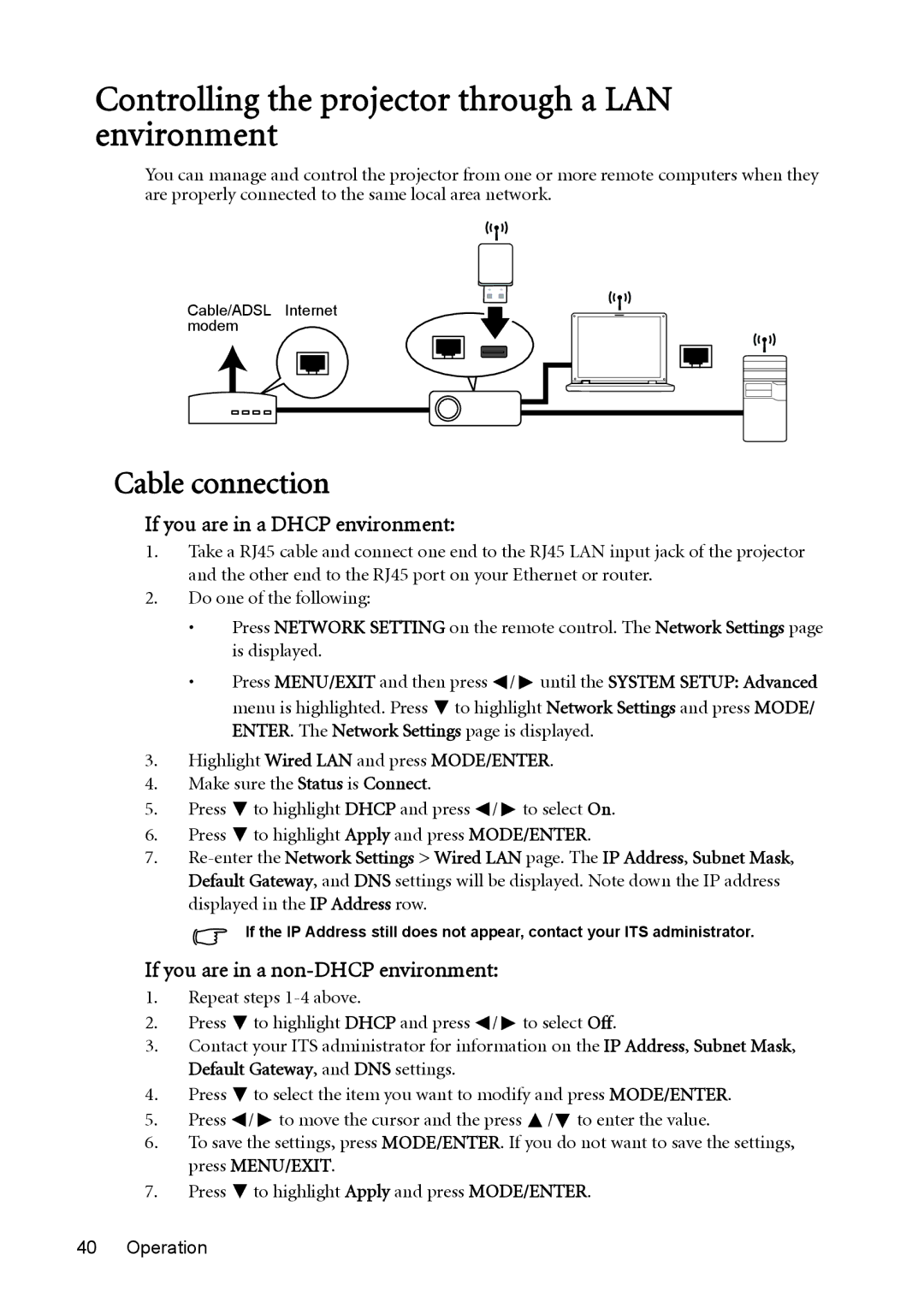 BenQ MW811ST Controlling the projector through a LAN environment, Cable connection, If you are in a Dhcp environment 