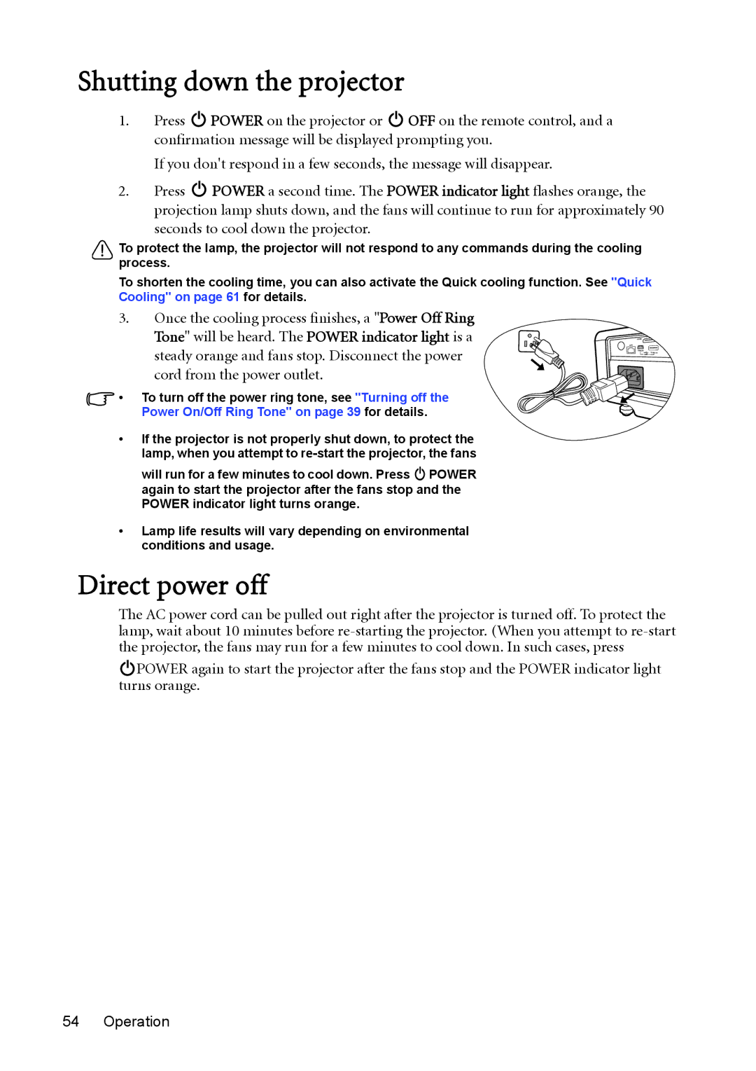 BenQ MW811ST, MX812ST Shutting down the projector, Direct power off, Once the cooling process finishes, a Power Off Ring 