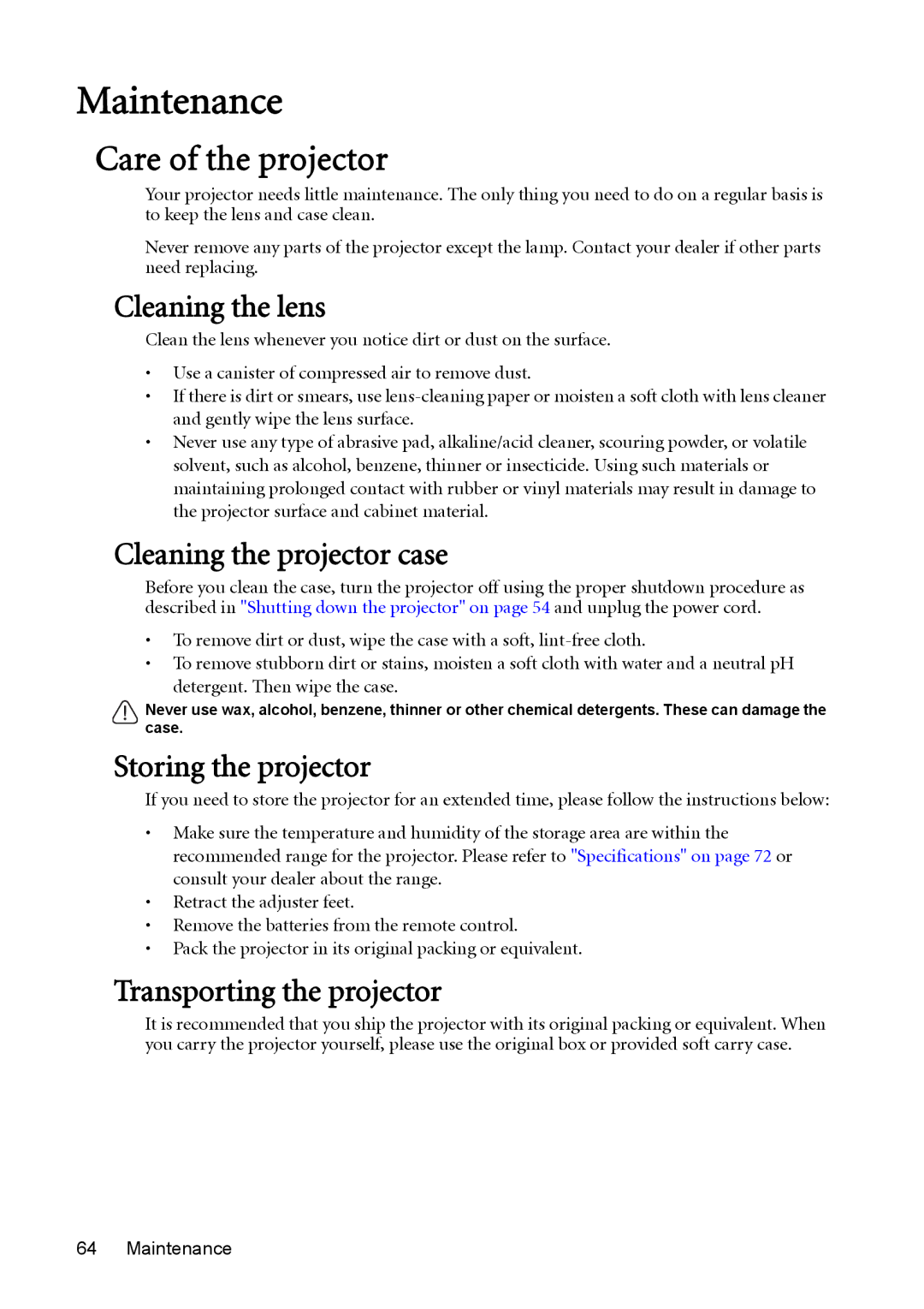 BenQ MW811ST, MX812ST user manual Maintenance, Care of the projector 