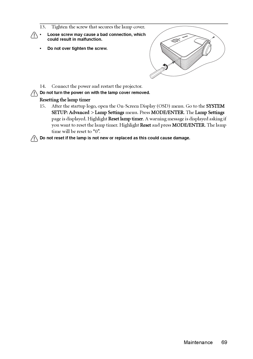 BenQ MX812ST, MW811ST user manual Tighten the screw that secures the lamp cover, Connect the power and restart the projector 