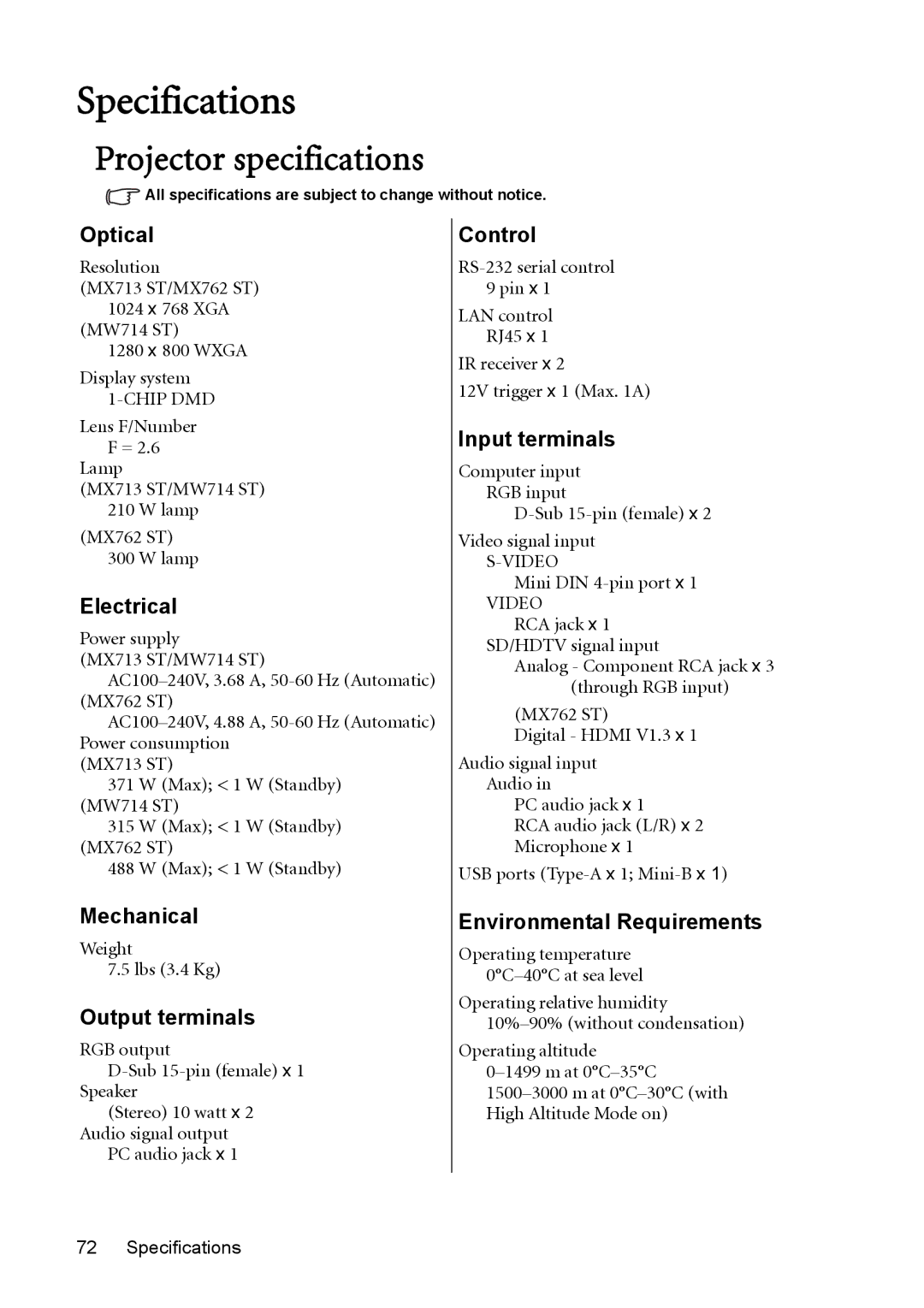 BenQ MW811ST, MX812ST user manual Specifications, Projector specifications 