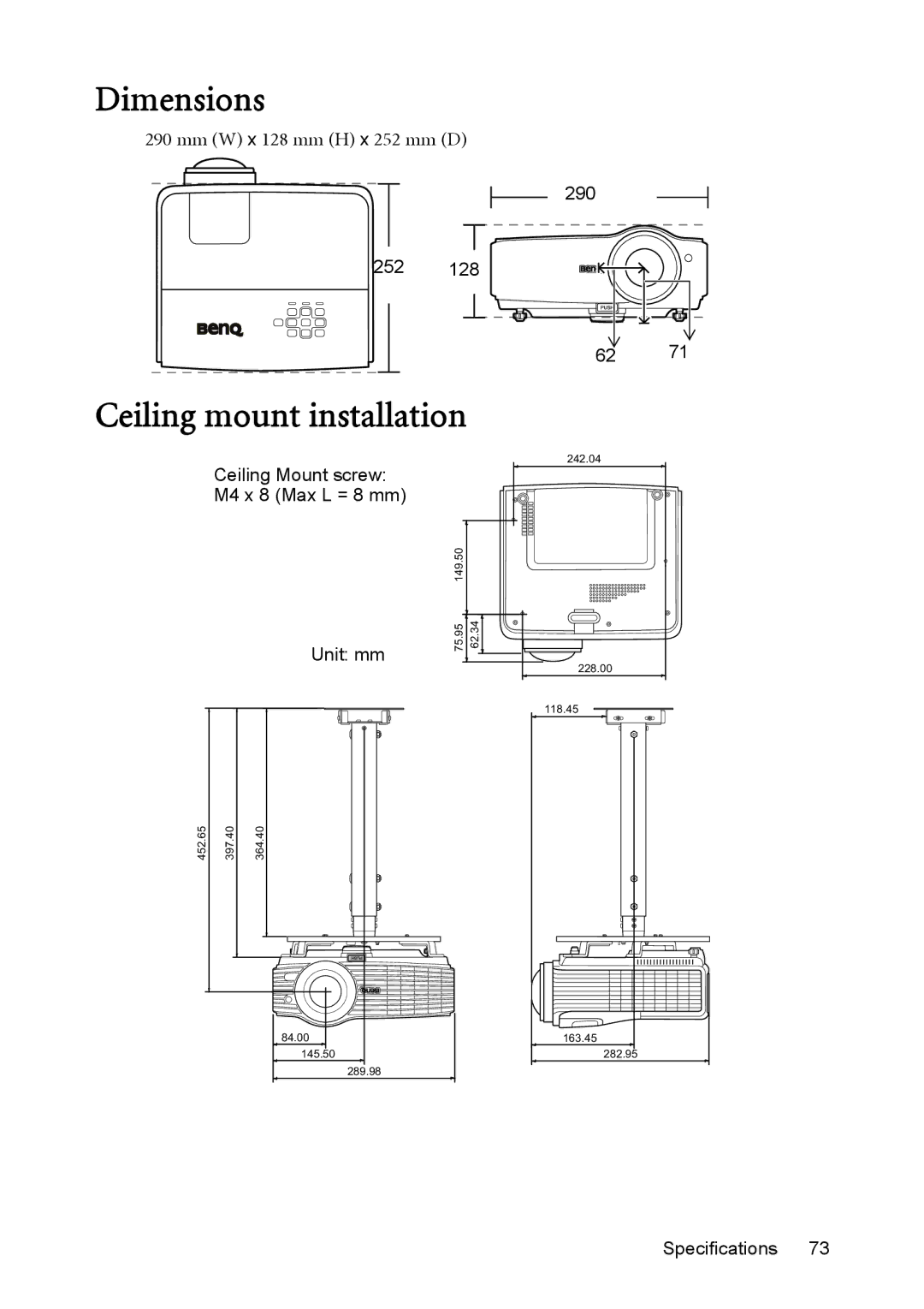 BenQ MX812ST, MW811ST user manual Dimensions, Ceiling mount installation, Mm W x 128 mm H x 252 mm D 290 