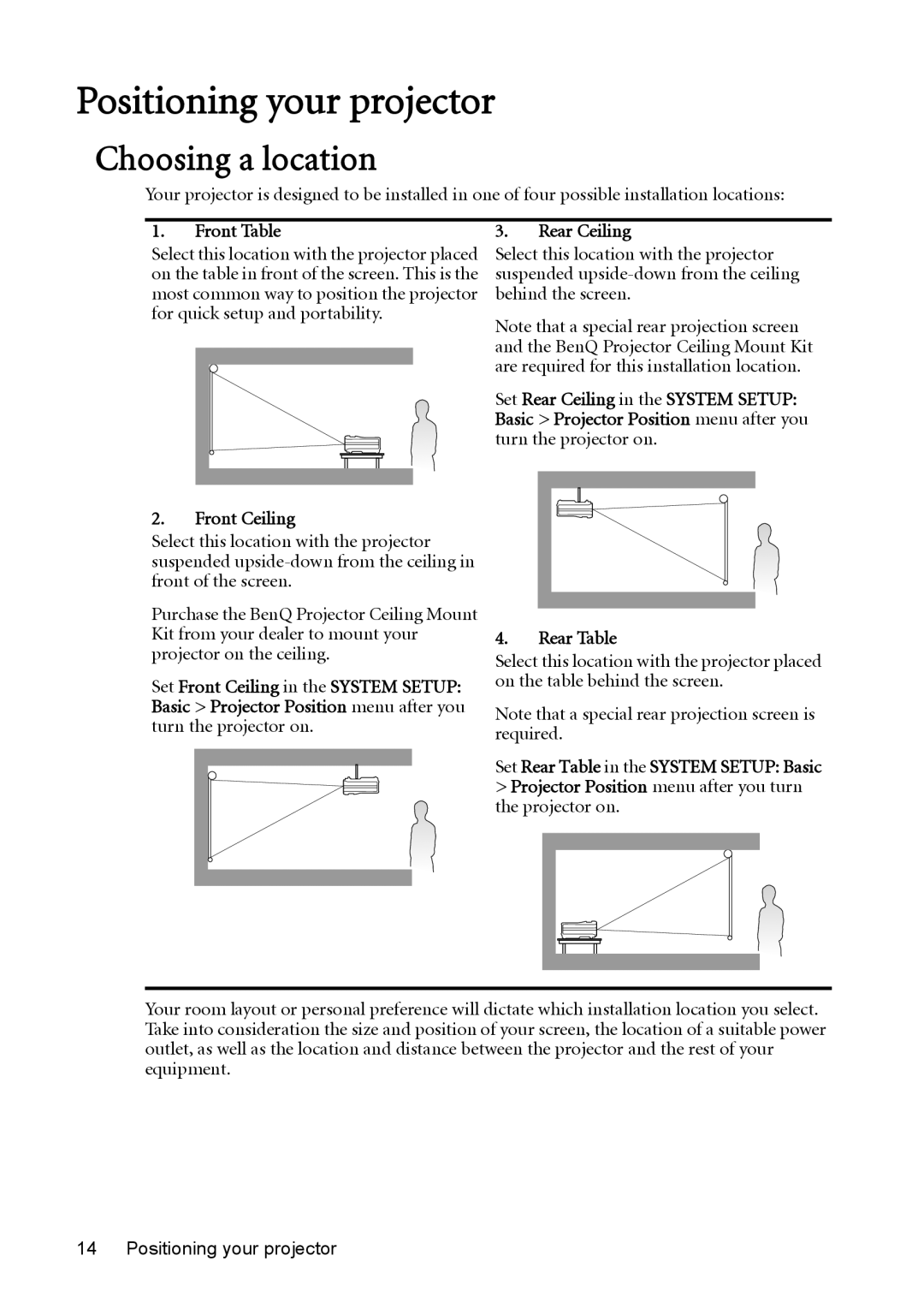 BenQ MW811ST, MX812ST user manual Positioning your projector, Choosing a location 