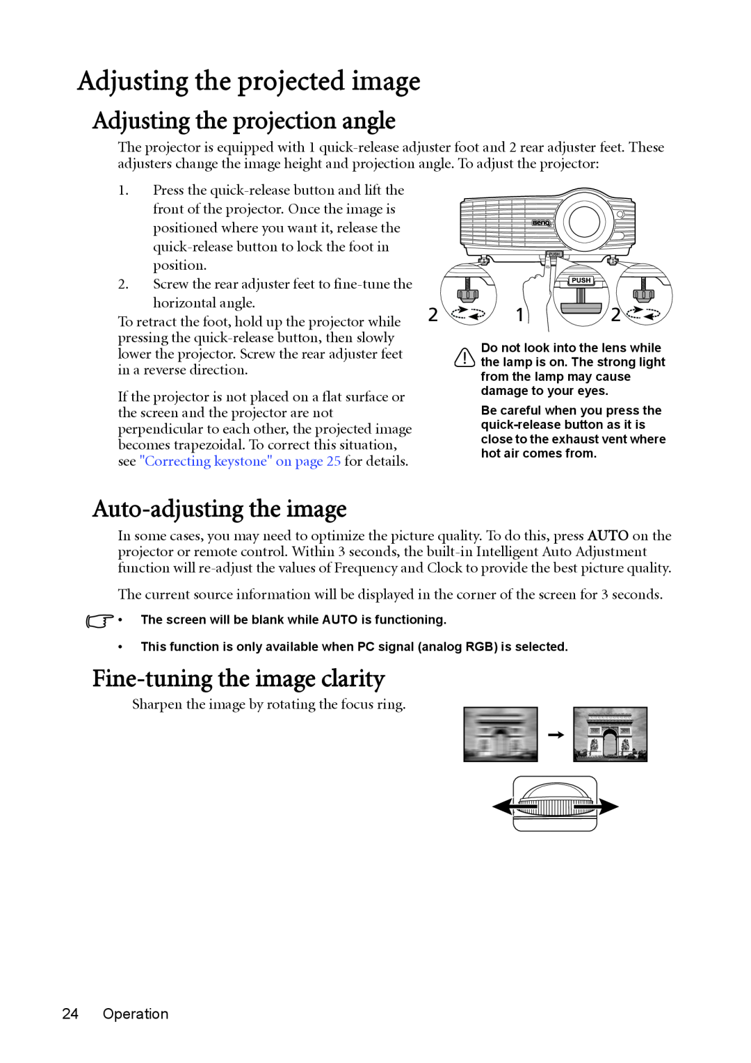 BenQ MW811ST, MX812ST user manual Adjusting the projected image, Adjusting the projection angle, Auto-adjusting the image 