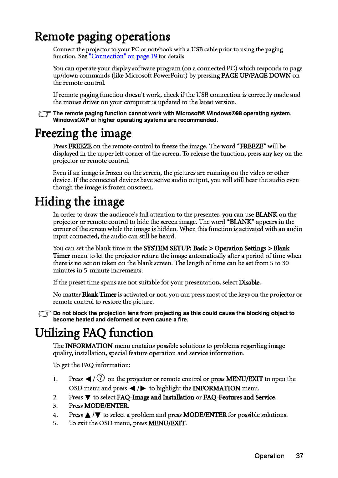 BenQ MX812ST, MW811ST user manual Remote paging operations, Freezing the image, Hiding the image, Utilizing FAQ function 
