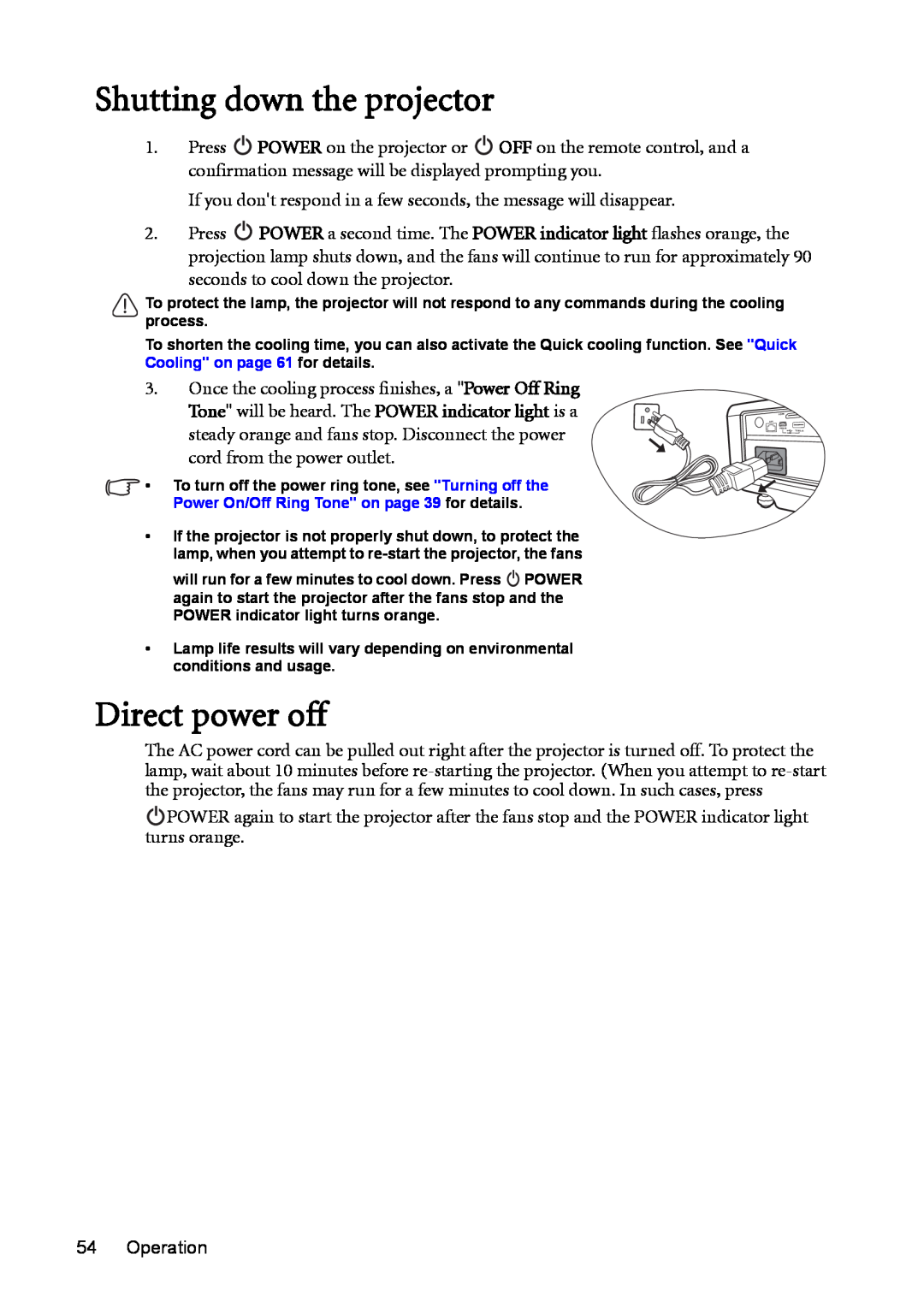 BenQ MW811ST, MX812ST user manual Shutting down the projector, Direct power off 