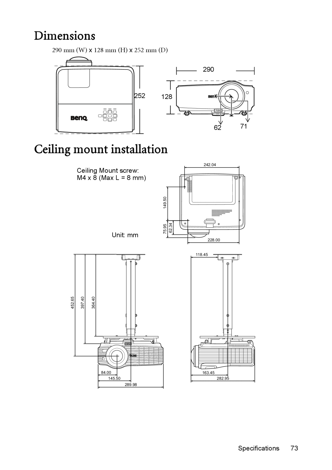BenQ MX812ST, MW811ST user manual Dimensions, Ceiling mount installation, mm W x 128 mm H x 252 mm D 290 252, Specifications 