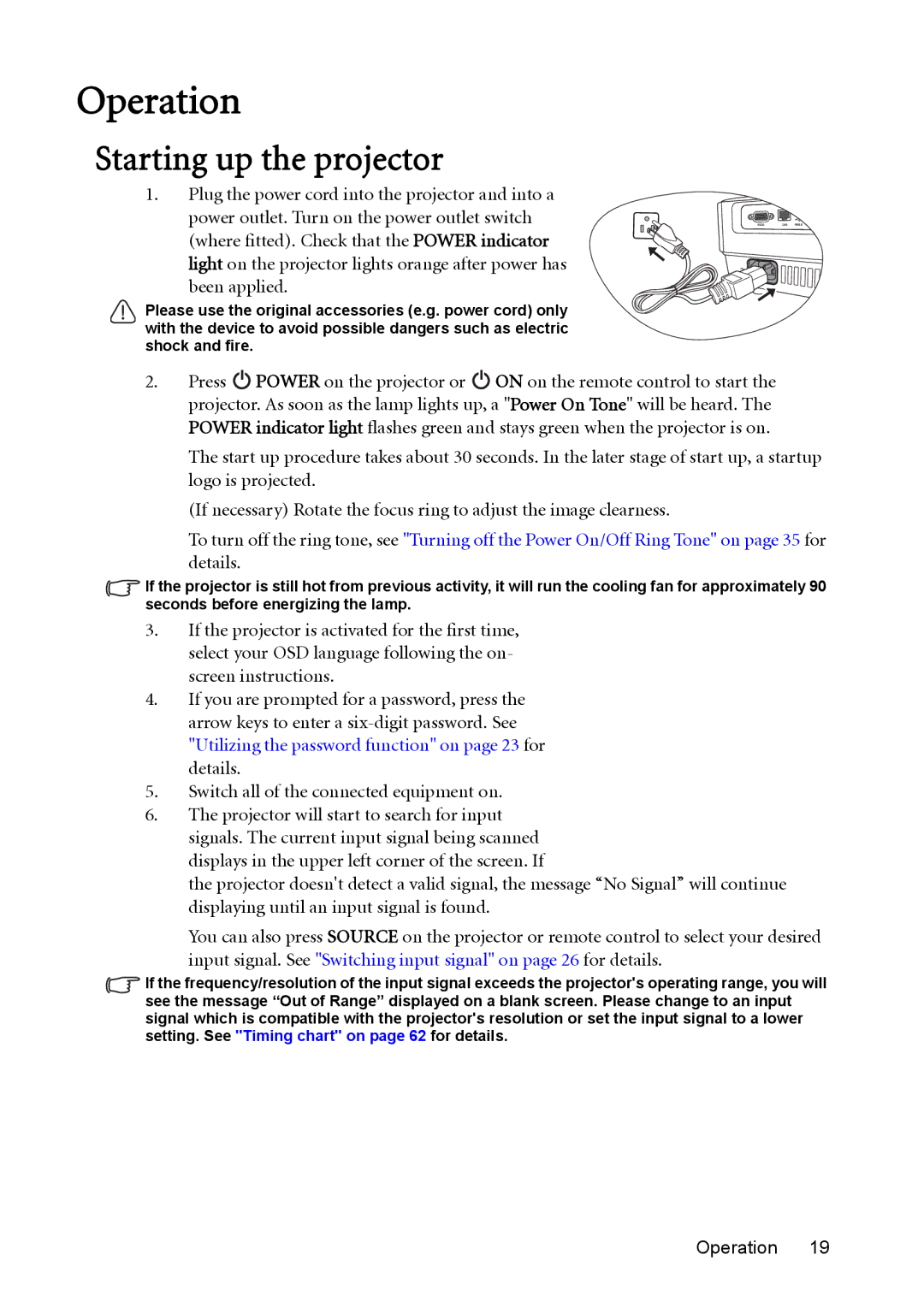 BenQ mw814st user manual Operation, Starting up the projector 