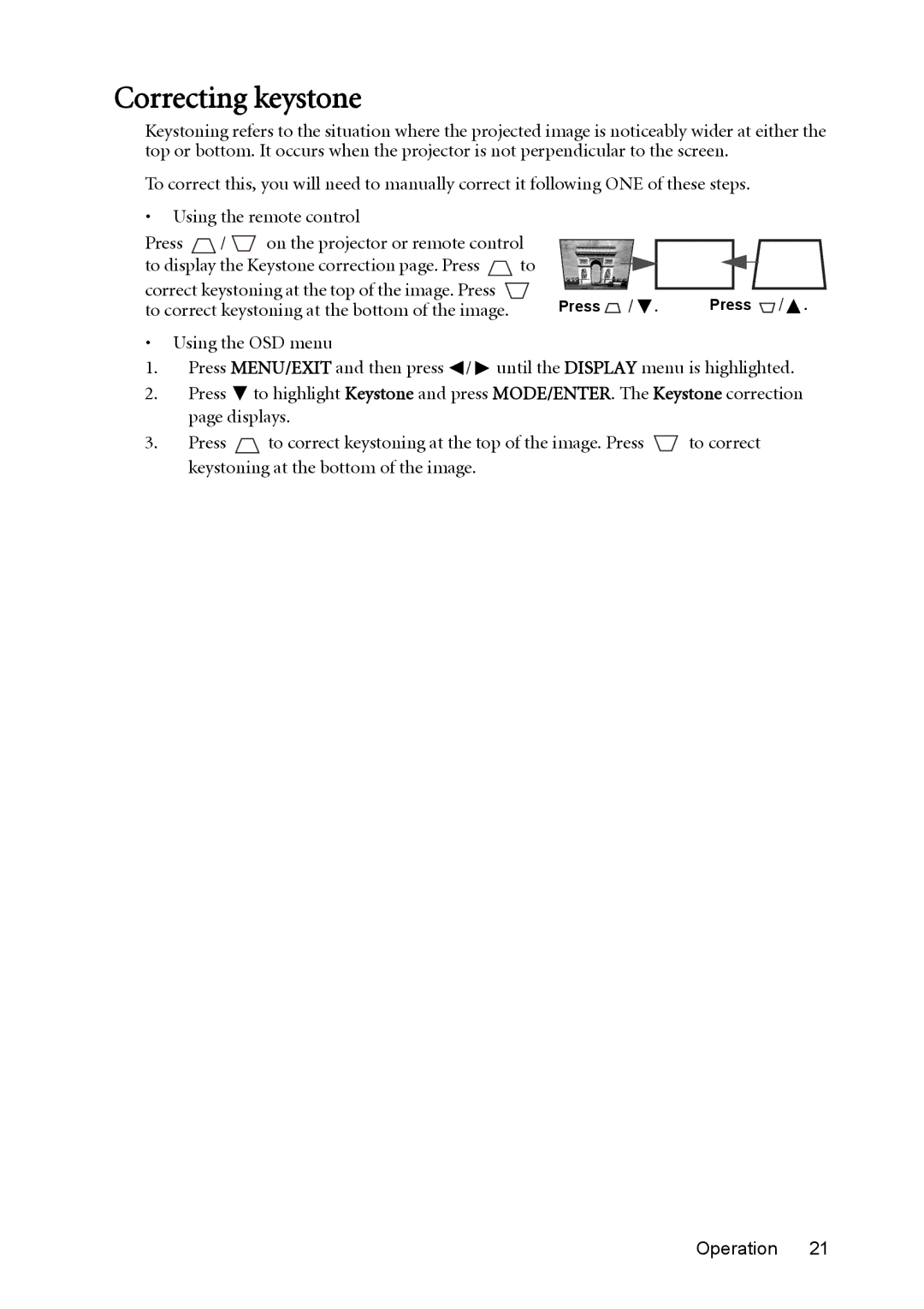 BenQ mw814st user manual Correcting keystone 