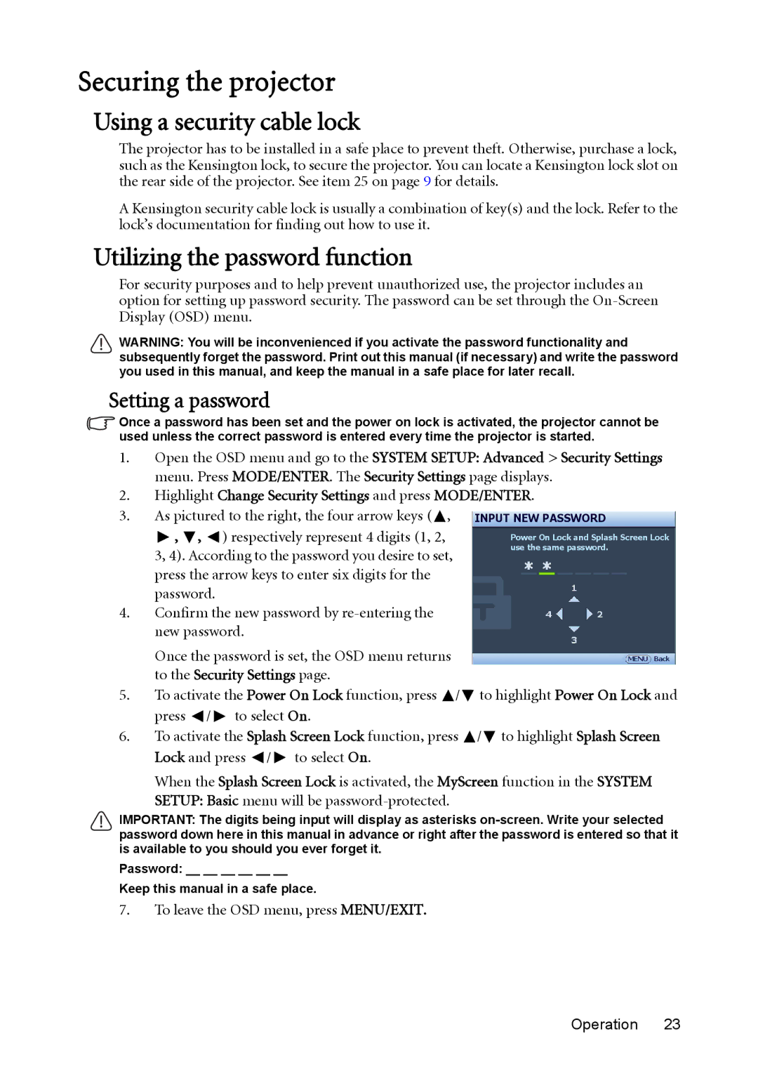 BenQ mw814st Securing the projector, Using a security cable lock, Utilizing the password function, Setting a password 