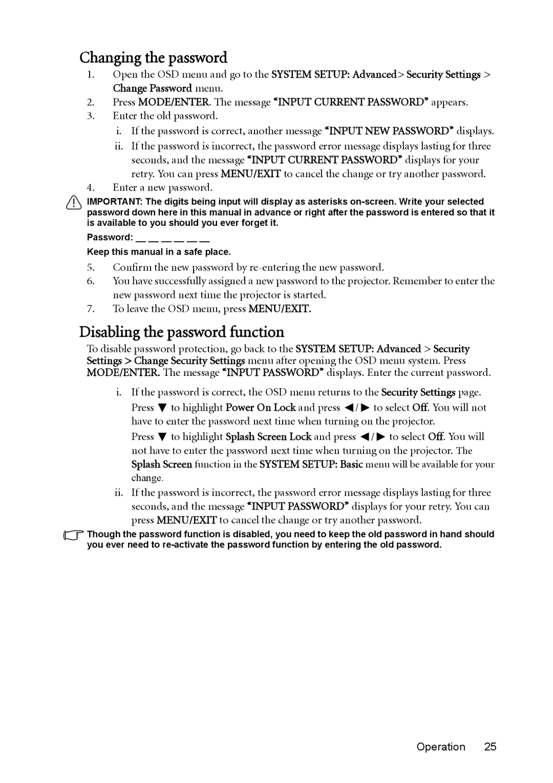 BenQ mw814st user manual Changing the password, Disabling the password function, Enter a new password 