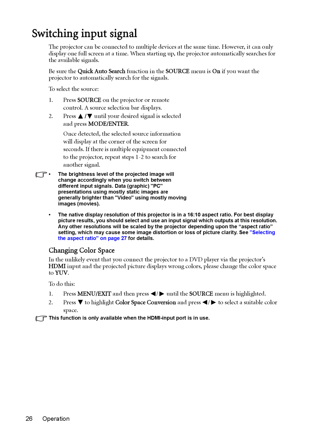 BenQ mw814st user manual Switching input signal, Changing Color Space 