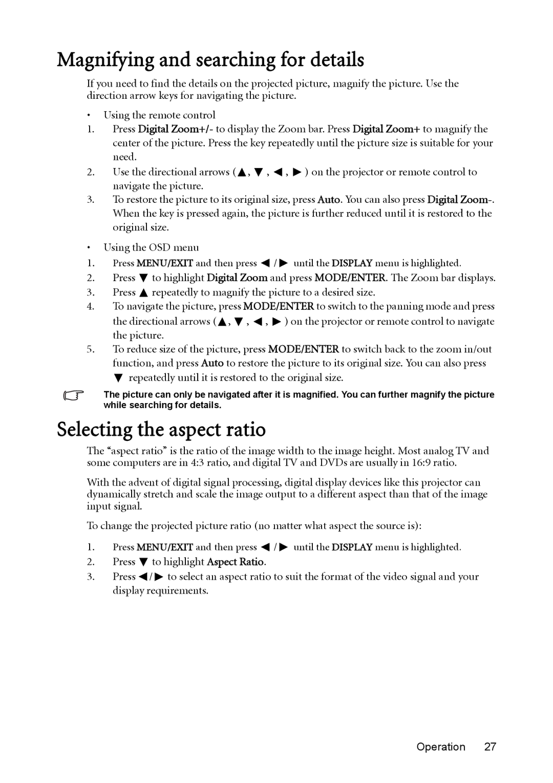 BenQ mw814st user manual Magnifying and searching for details, Selecting the aspect ratio 