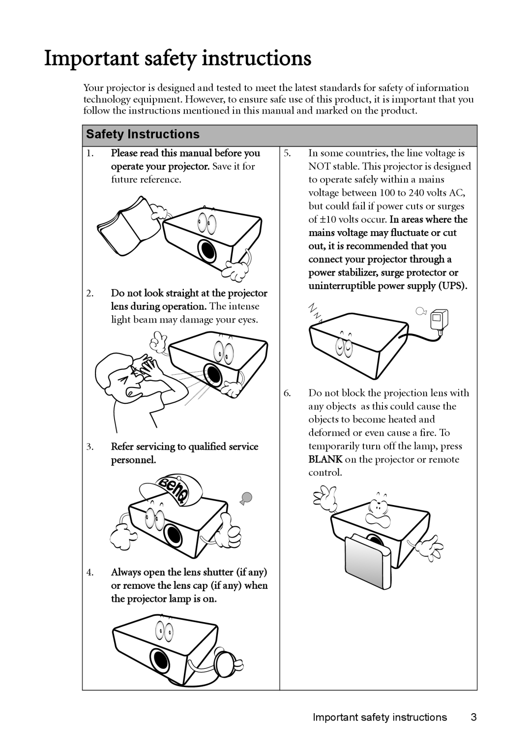 BenQ mw814st user manual Important safety instructions, Safety Instructions, Refer servicing to qualified service personnel 