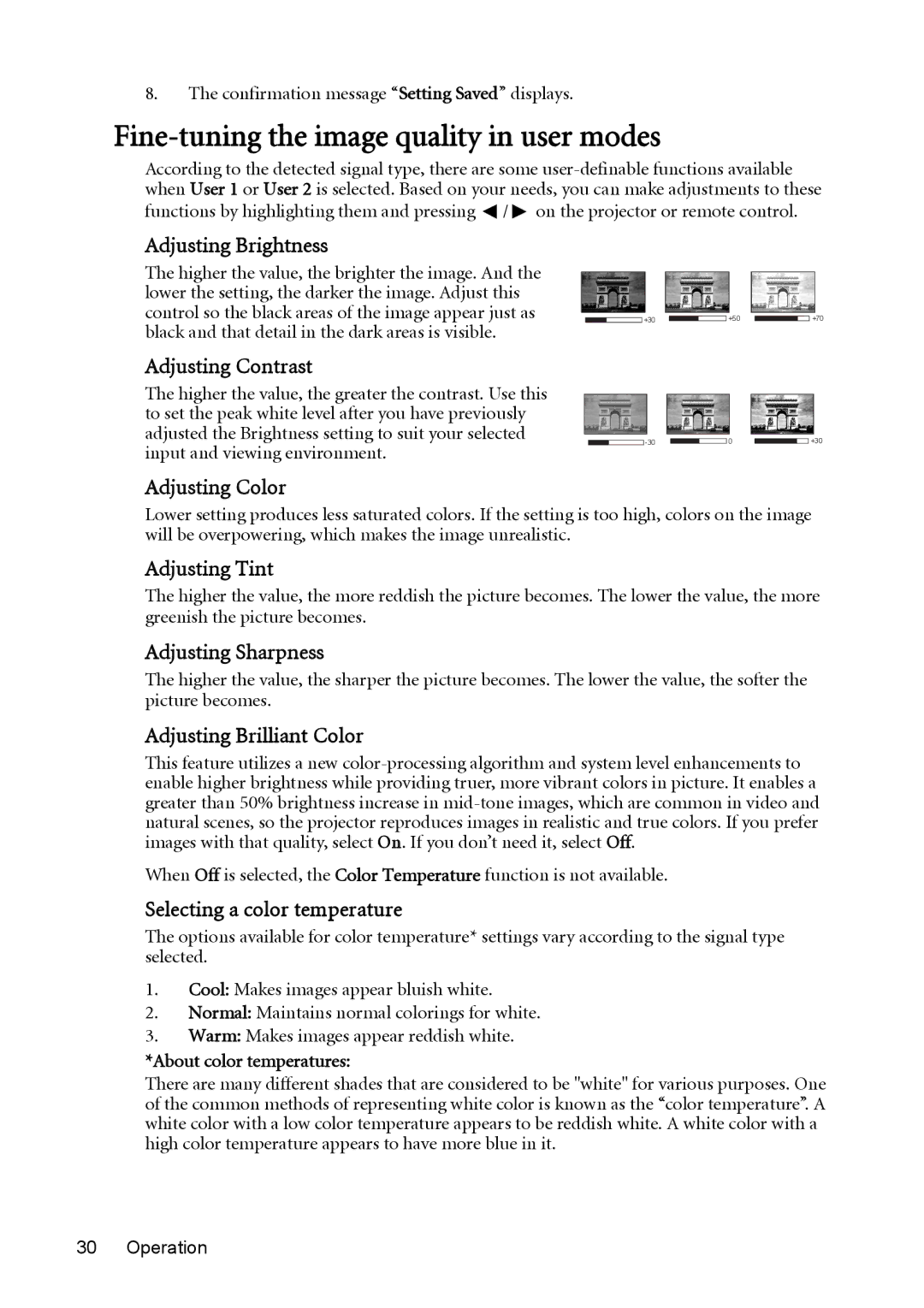 BenQ mw814st user manual Fine-tuning the image quality in user modes 