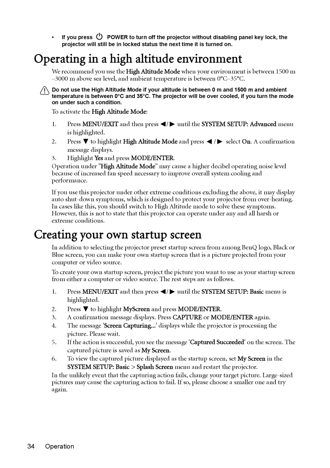 BenQ mw814st user manual Operating in a high altitude environment, Creating your own startup screen 
