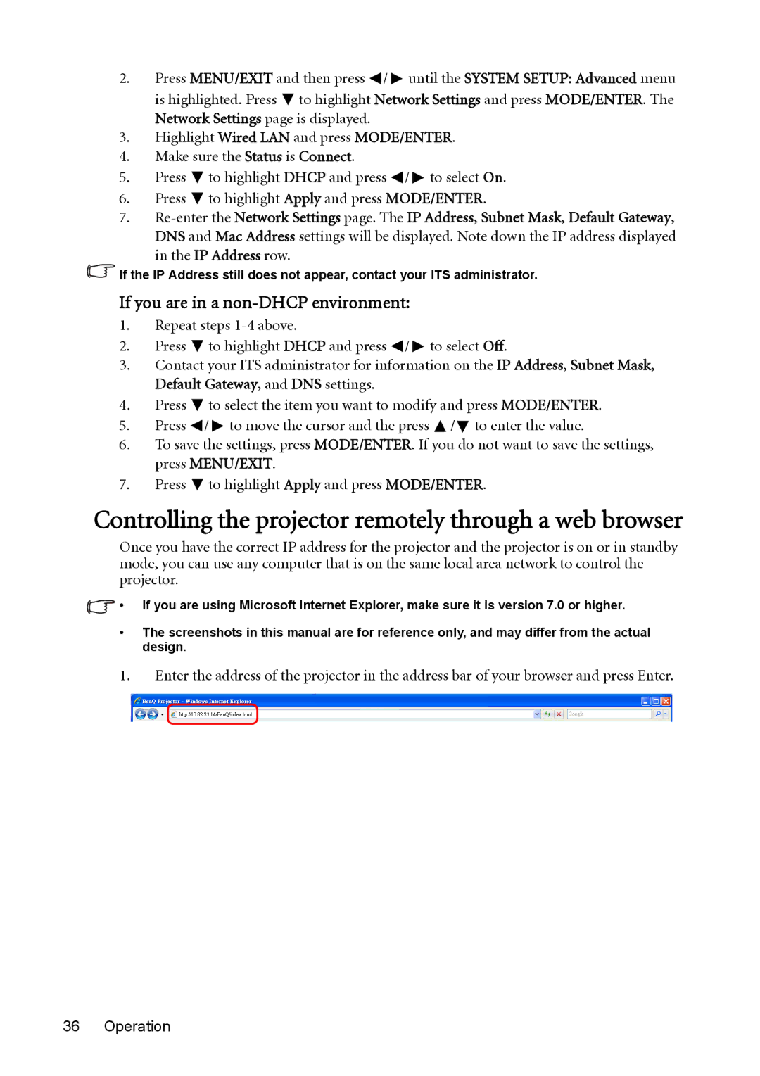 BenQ mw814st user manual Controlling the projector remotely through a web browser, If you are in a non-DHCP environment 