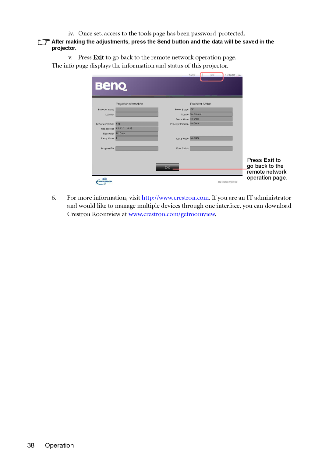 BenQ mw814st user manual Press Exit to go back to the remote network operation 