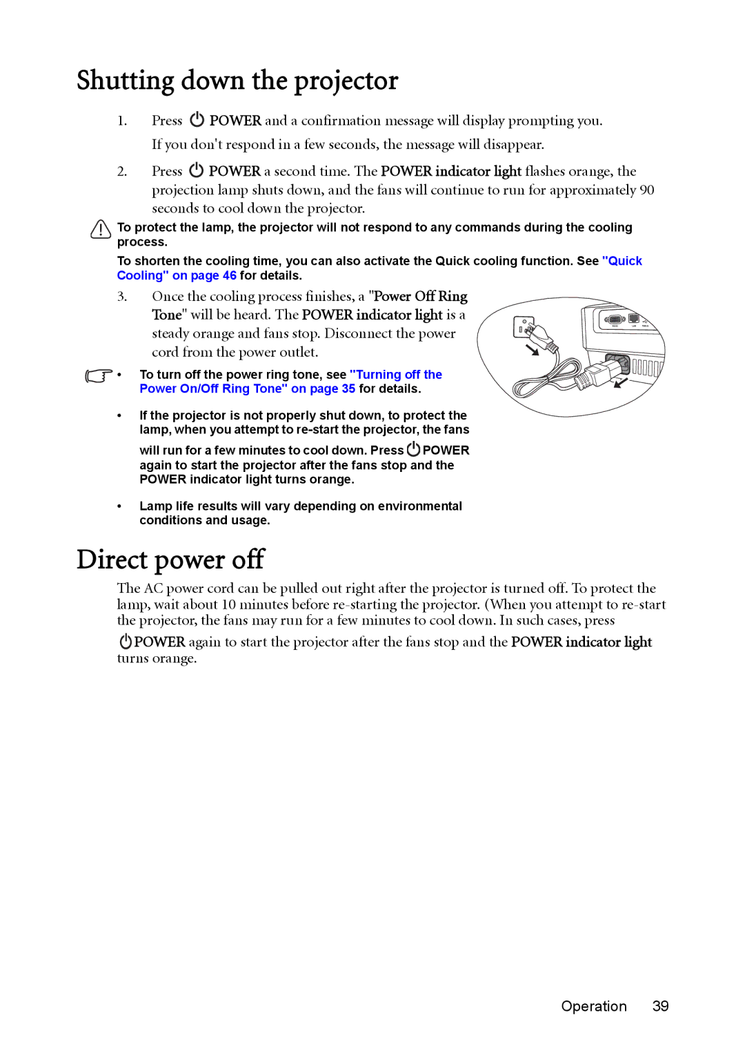 BenQ mw814st user manual Shutting down the projector, Direct power off, Once the cooling process finishes, a Power Off Ring 