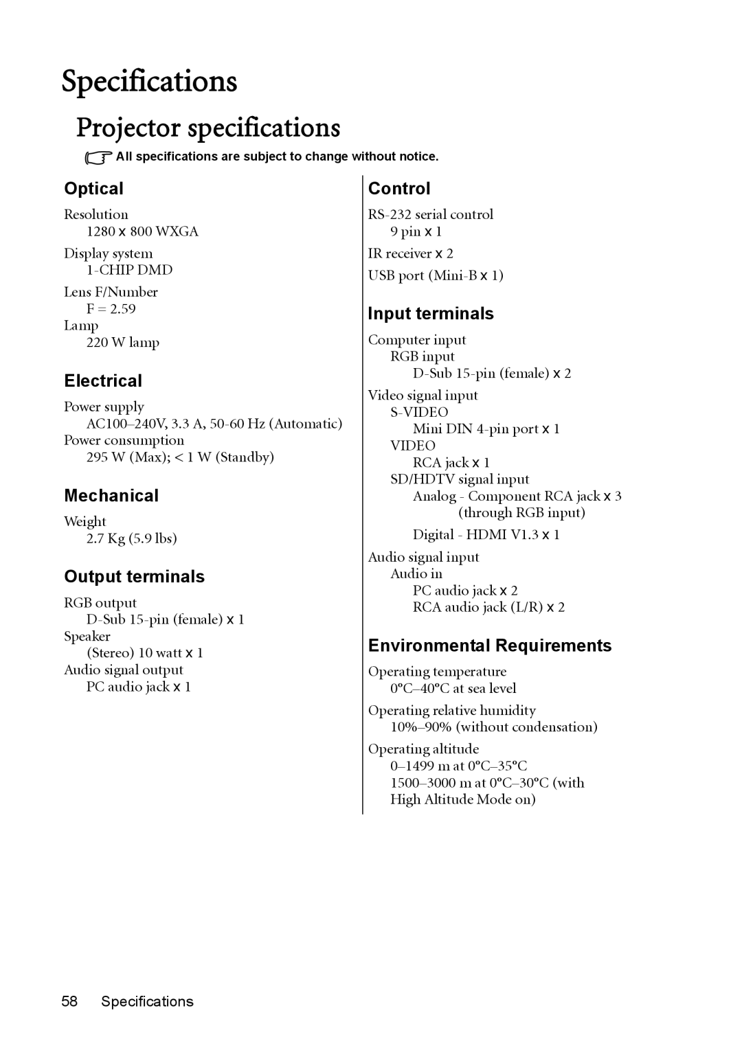 BenQ mw814st user manual Specifications, Projector specifications 