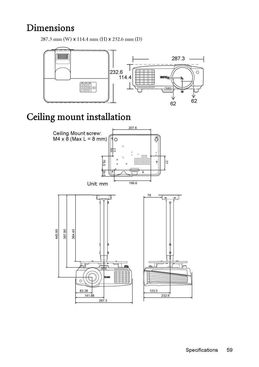 BenQ mw814st user manual Dimensions, Ceiling mount installation 