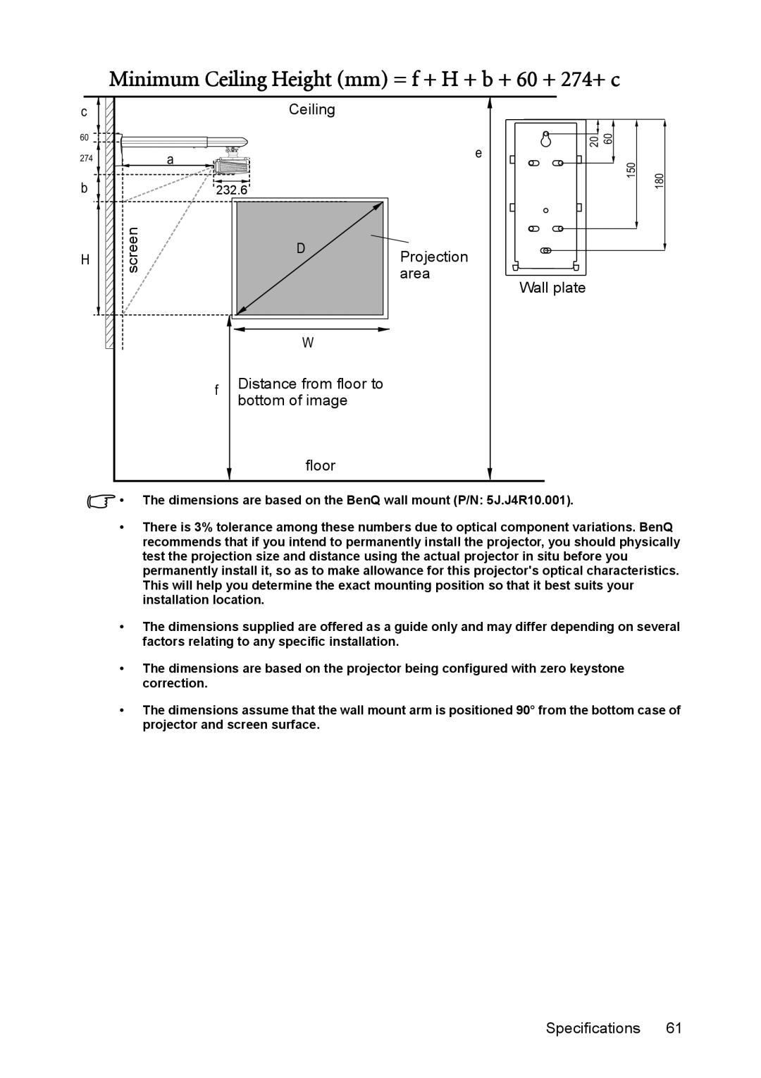 BenQ mw814st user manual Minimum Ceiling Height mm = f + H + b + 60 + 274+ c, Wall plate 