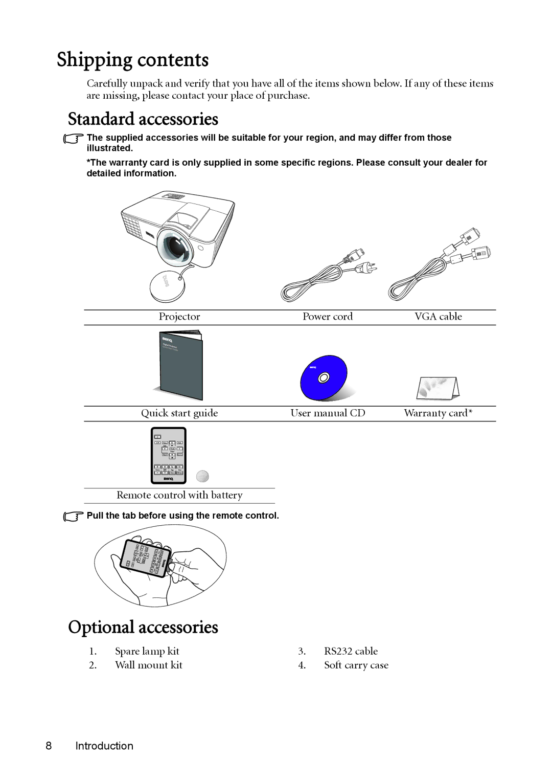 BenQ mw814st user manual Shipping contents 