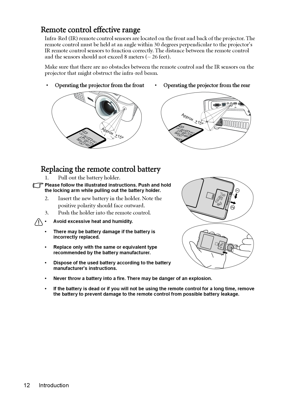 BenQ mw814st user manual Remote control effective range, Replacing the remote control battery 