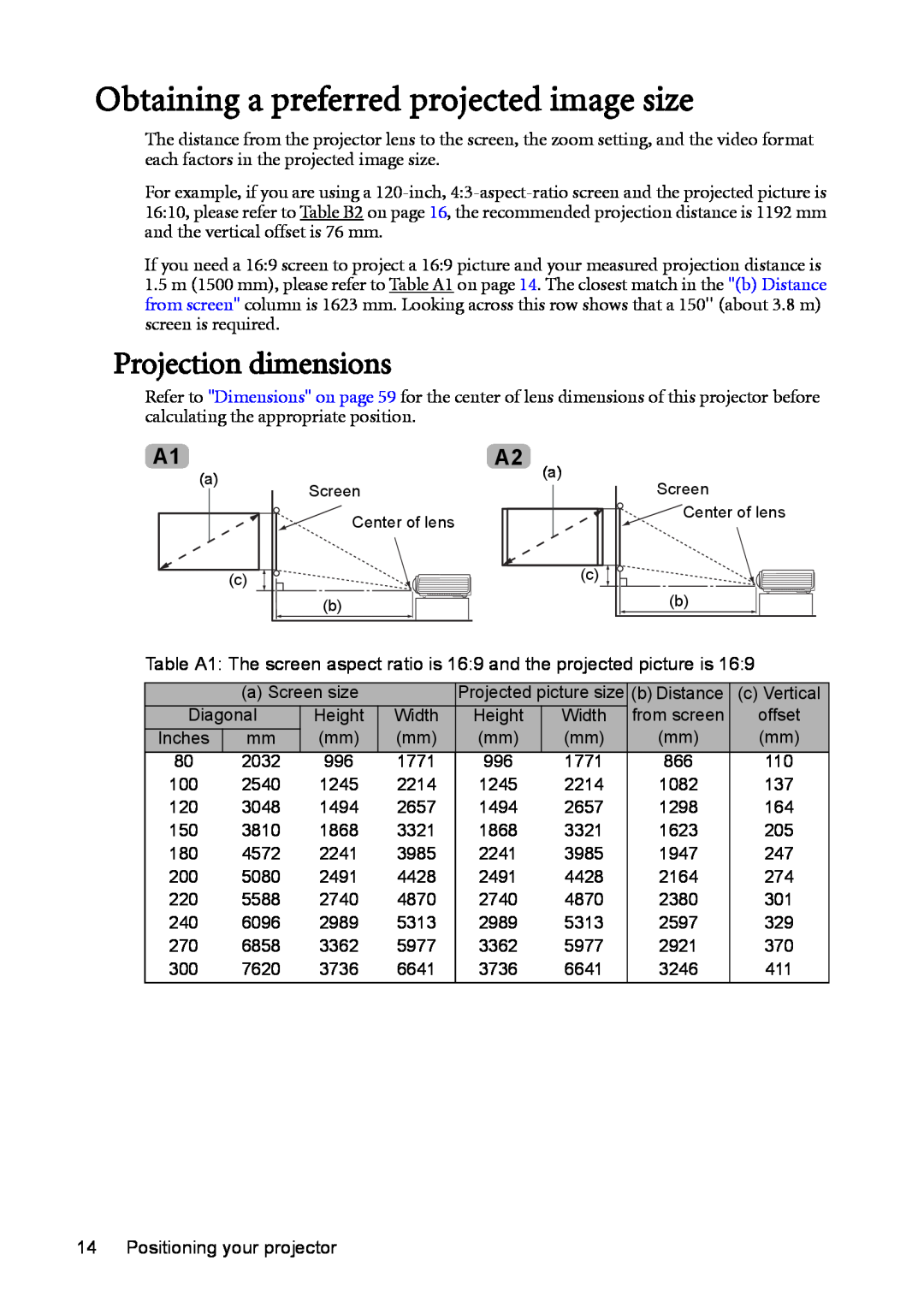 BenQ mw814st user manual Obtaining a preferred projected image size, Projection dimensions 