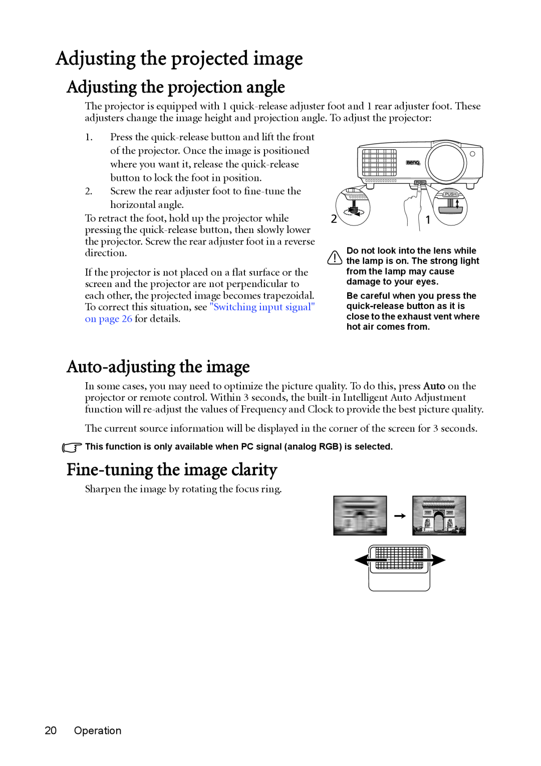 BenQ mw814st user manual Adjusting the projected image, Adjusting the projection angle, Auto-adjusting the image 