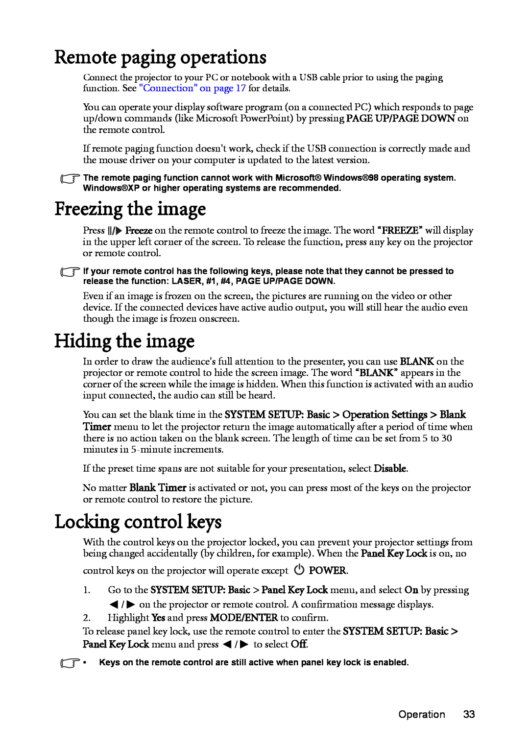BenQ mw814st user manual Remote paging operations, Freezing the image, Hiding the image, Locking control keys 