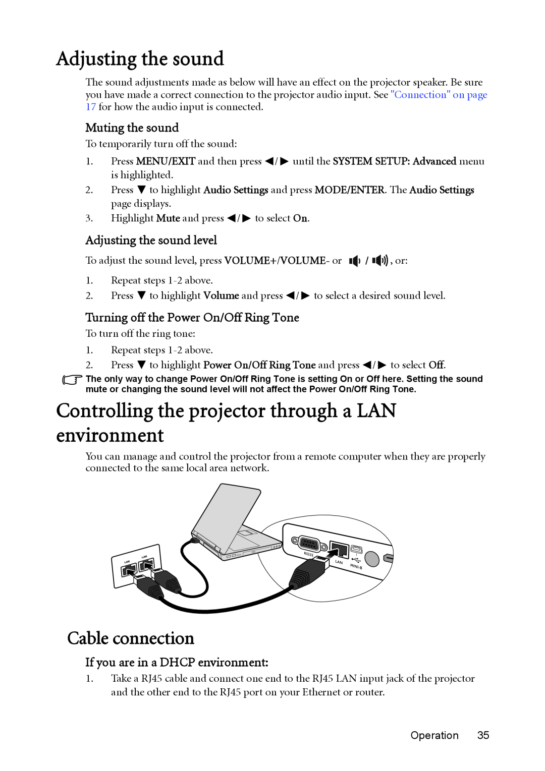 BenQ mw814st user manual Adjusting the sound, Controlling the projector through a LAN environment, Cable connection 