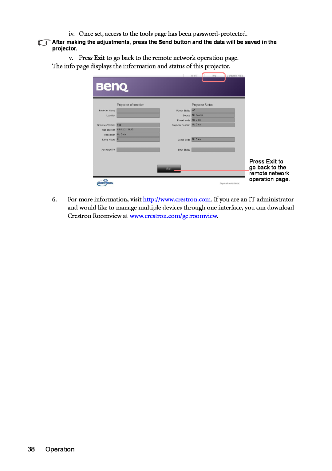 BenQ mw814st user manual iv. Once set, access to the tools page has been password-protected, Operation 