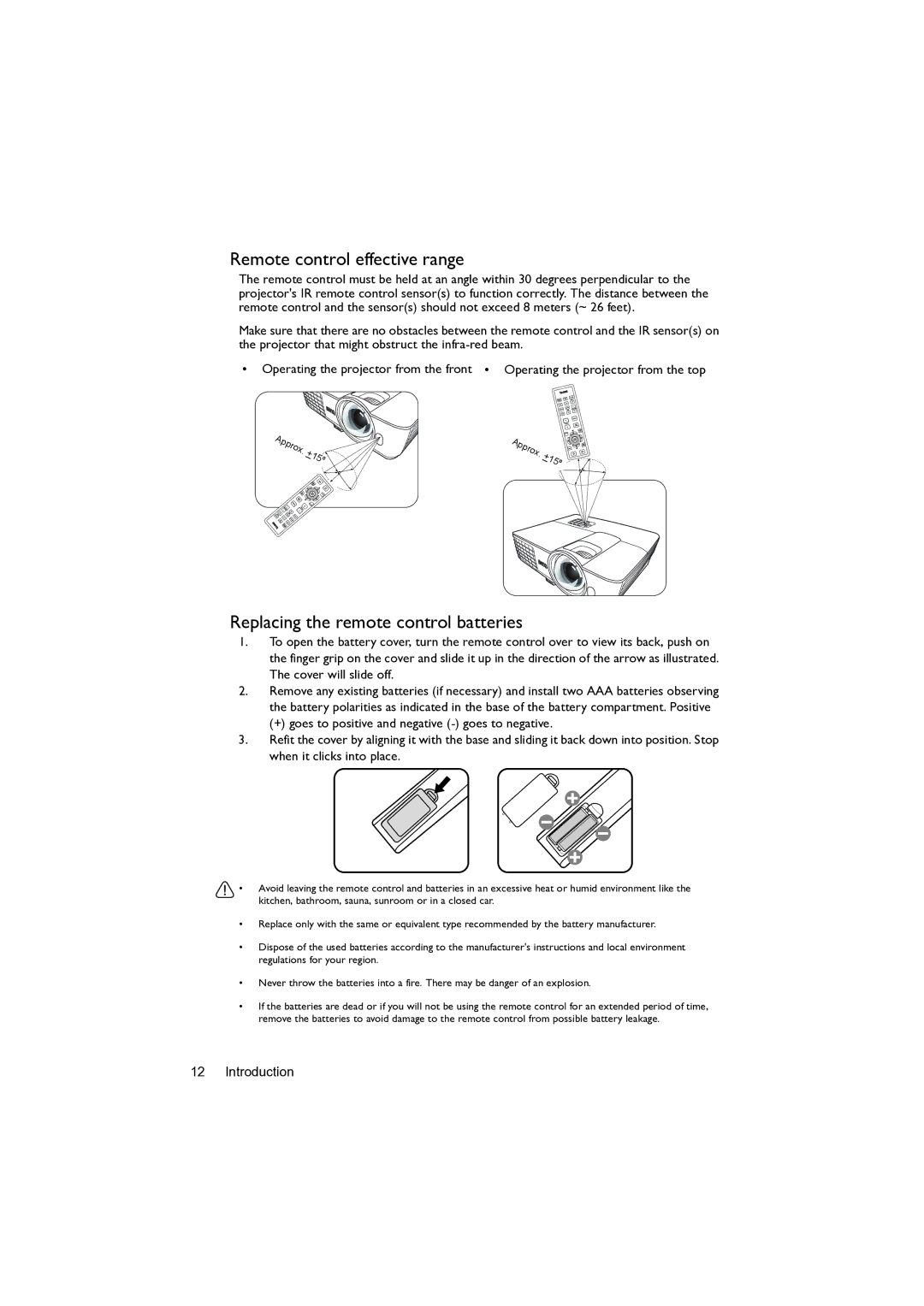 BenQ MW82IST user manual Remote control effective range, Replacing the remote control batteries 