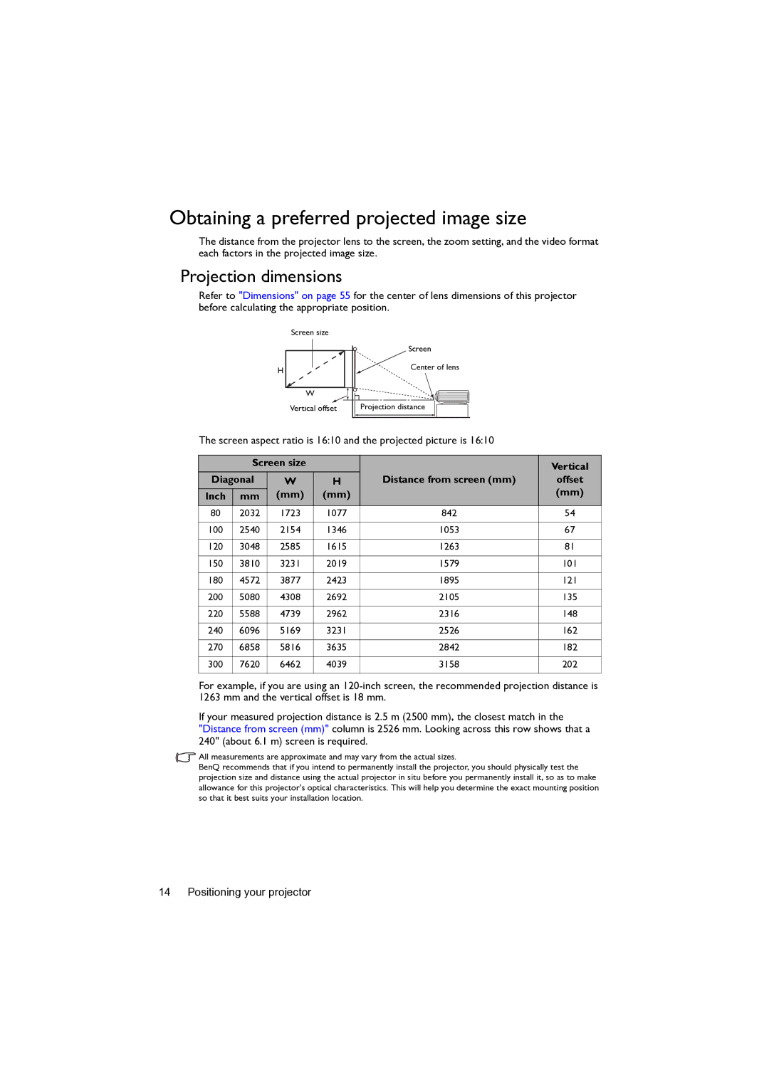 BenQ MW82IST user manual Obtaining a preferred projected image size, Projection dimensions 