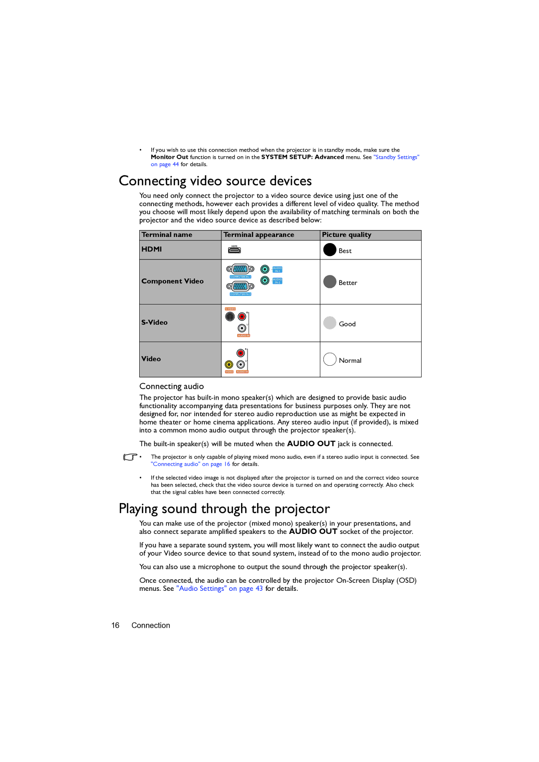 BenQ MW82IST user manual Connecting video source devices, Playing sound through the projector, Connecting audio 