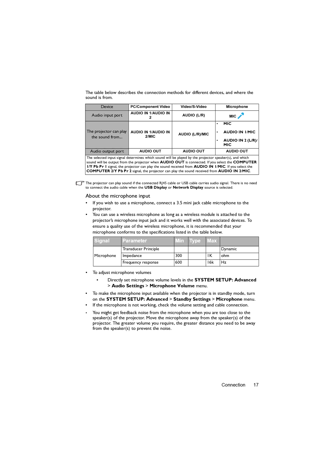 BenQ MW82IST user manual About the microphone input, Device 