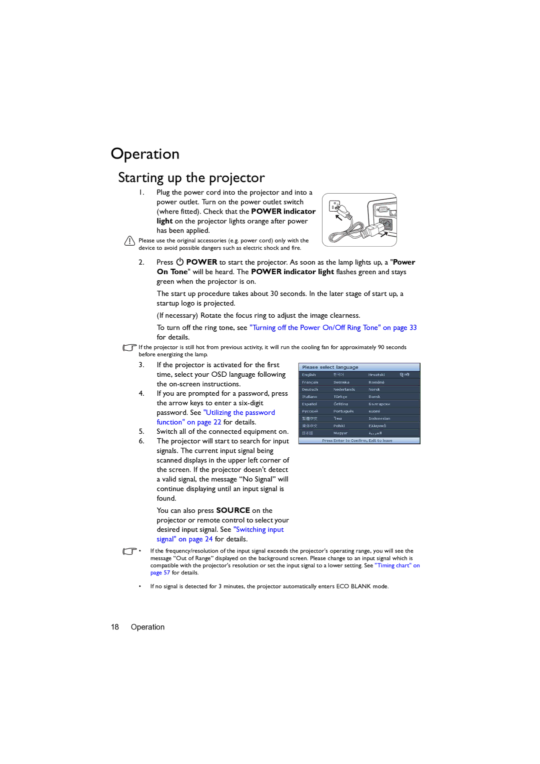 BenQ MW82IST user manual Operation, Starting up the projector 