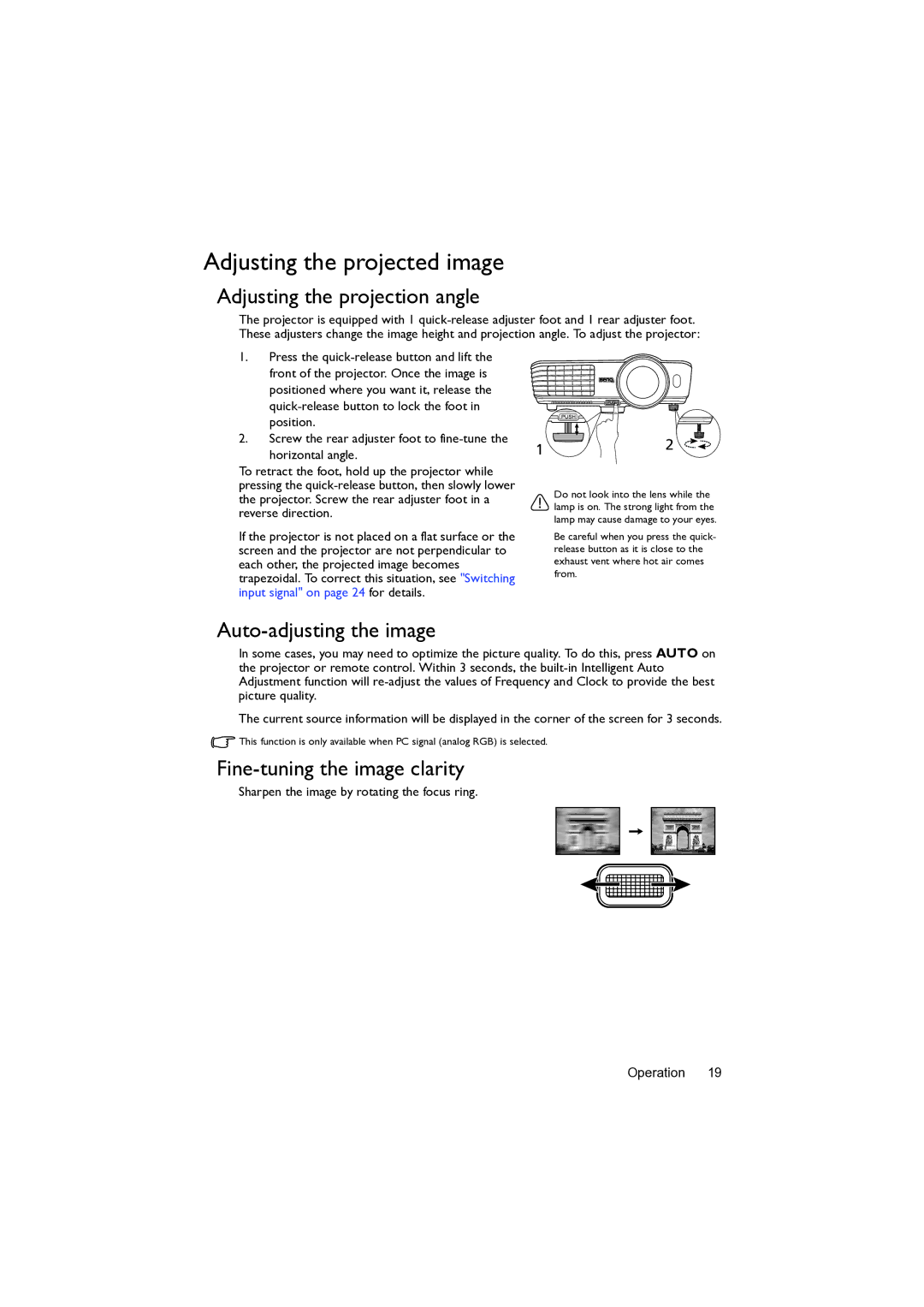 BenQ MW82IST user manual Adjusting the projected image, Adjusting the projection angle, Auto-adjusting the image 