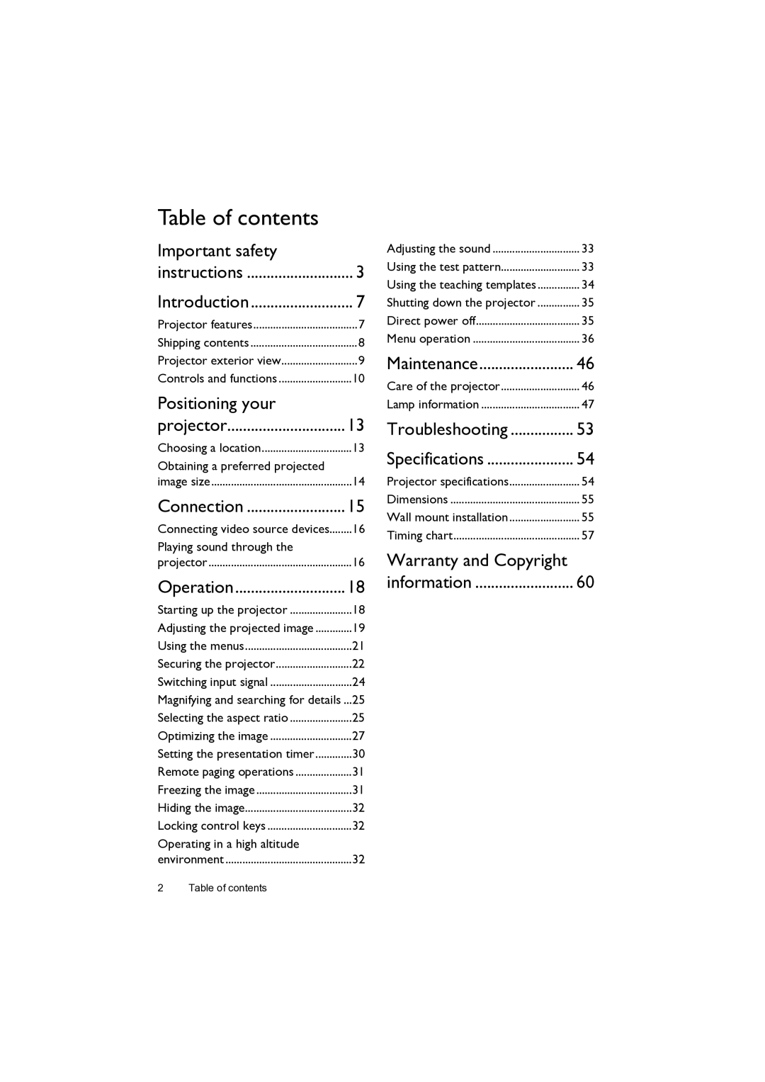 BenQ MW82IST user manual Table of contents 