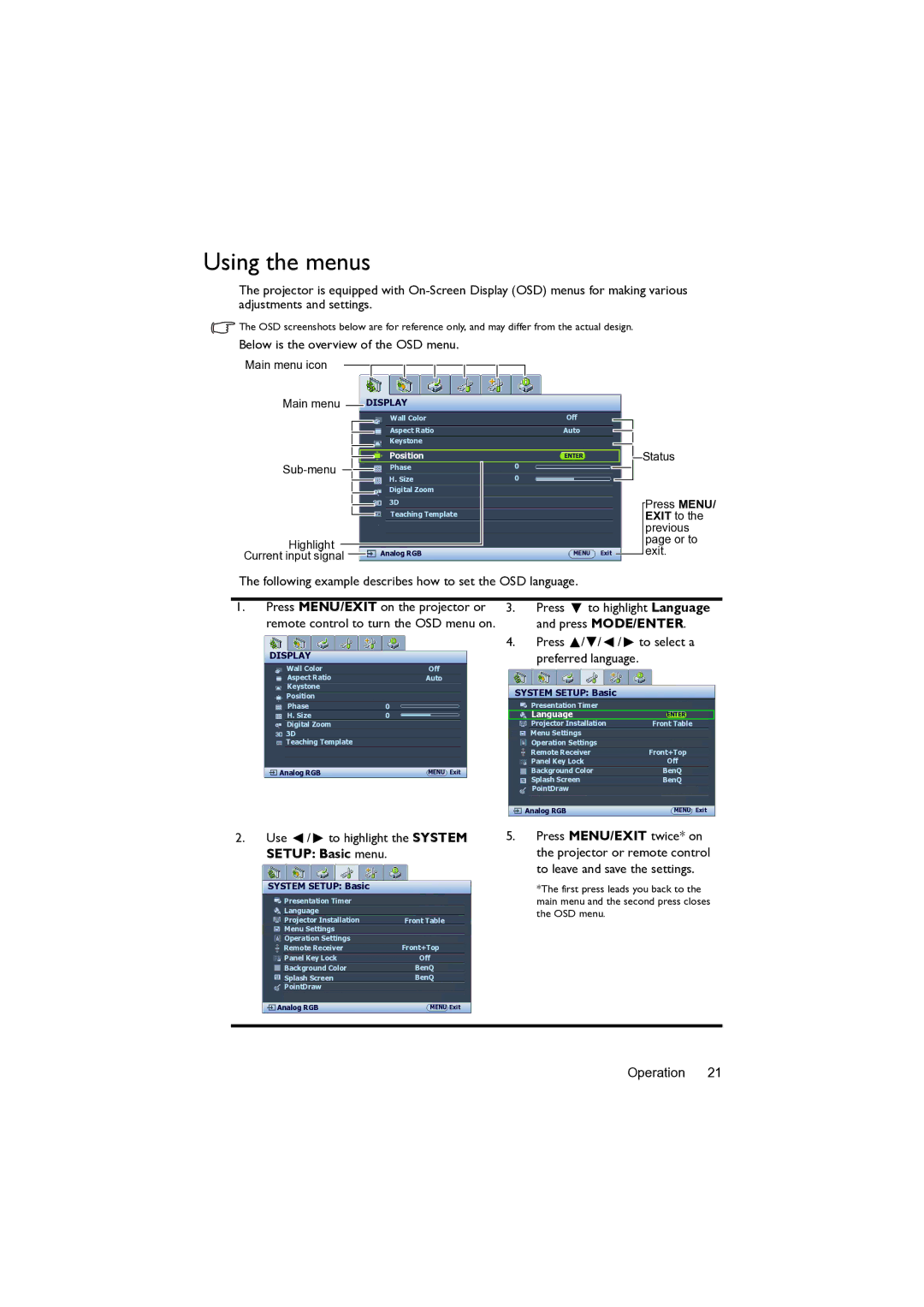 BenQ MW82IST user manual Using the menus, Below is the overview of the OSD menu 