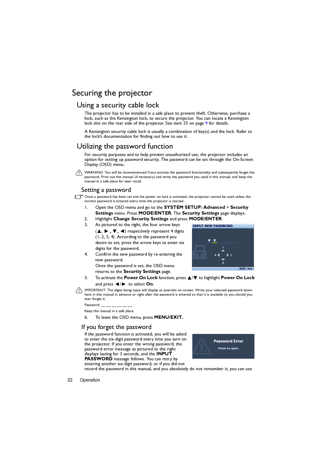 BenQ MW82IST Securing the projector, Using a security cable lock, Utilizing the password function, Setting a password 