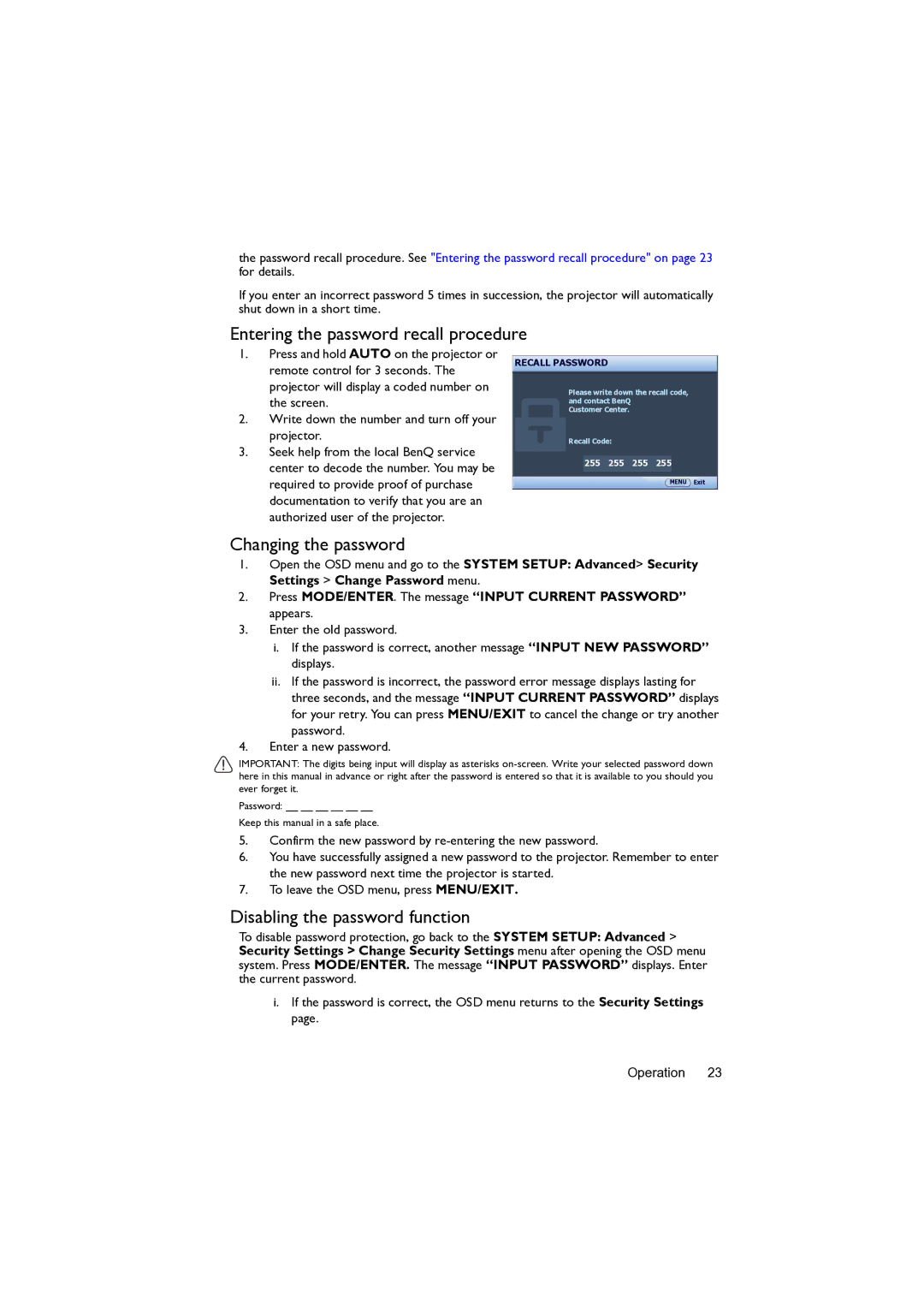 BenQ MW82IST user manual Entering the password recall procedure, Changing the password, Disabling the password function 