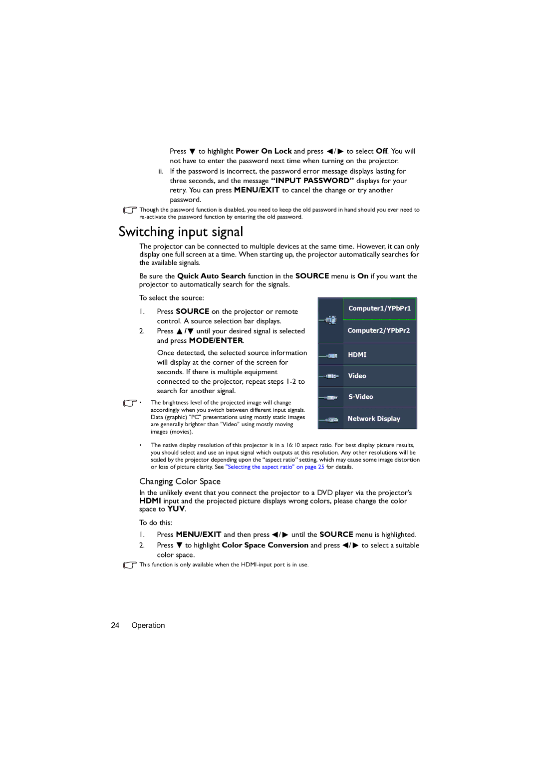 BenQ MW82IST user manual Switching input signal, Changing Color Space 