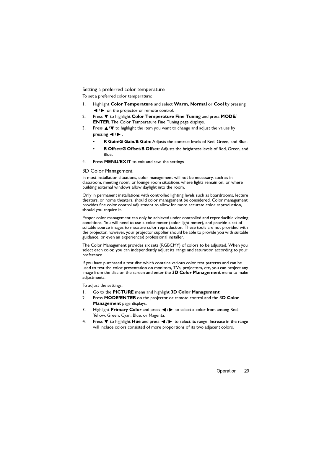 BenQ MW82IST user manual Setting a preferred color temperature, 3D Color Management 