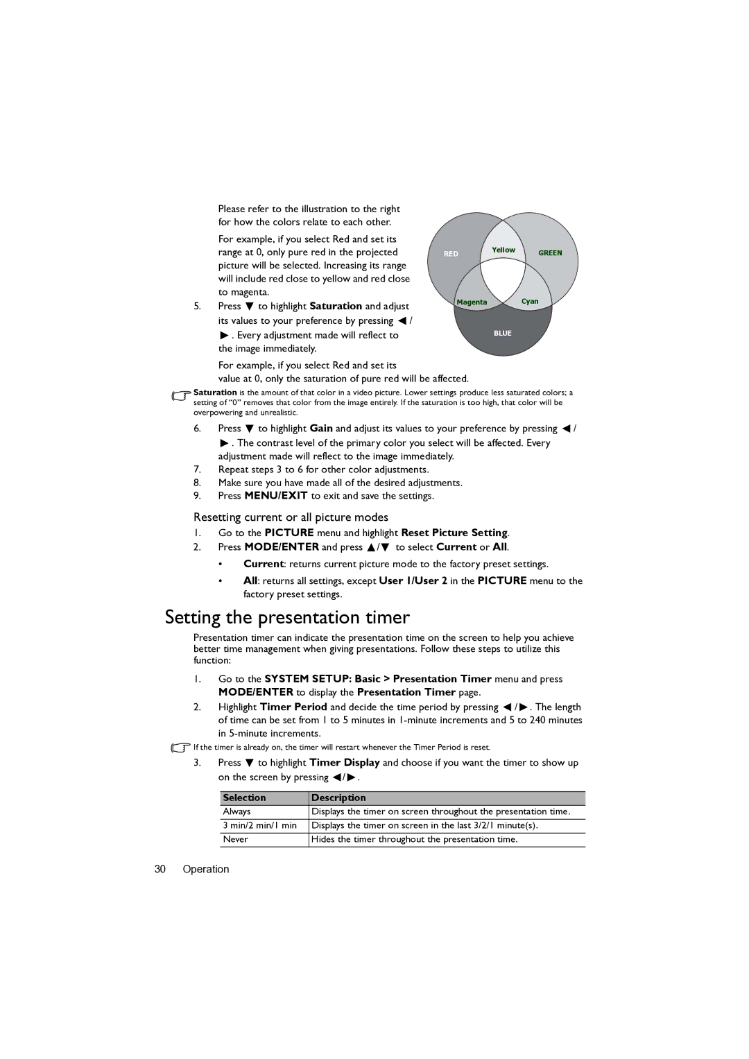 BenQ MW82IST user manual Setting the presentation timer, Resetting current or all picture modes, Selection Description 