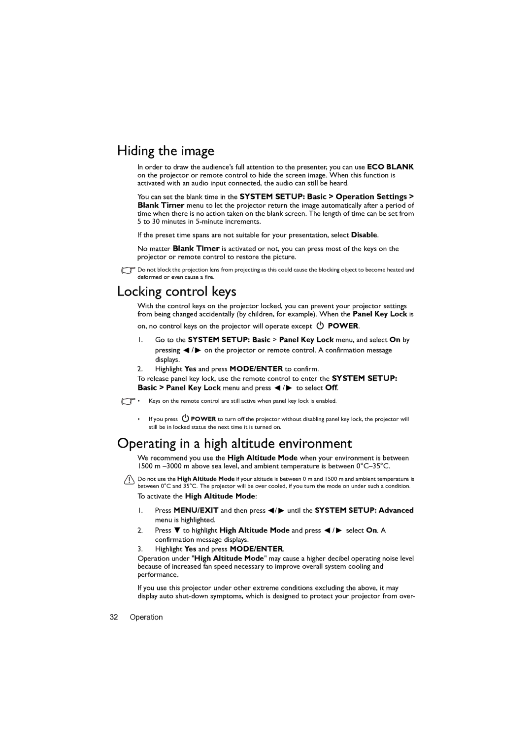 BenQ MW82IST user manual Hiding the image, Locking control keys, Operating in a high altitude environment 